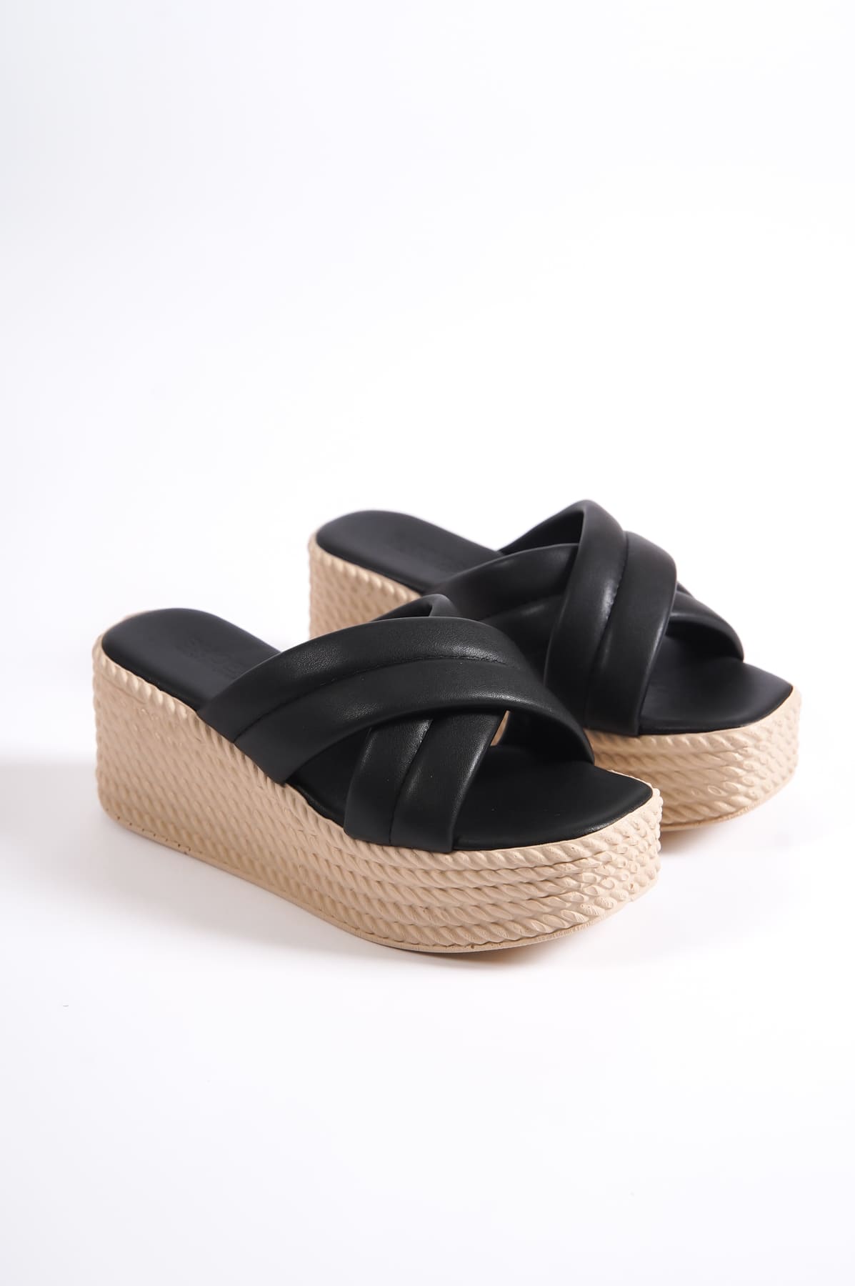 JOYMIXE Wedge Heeled Orthopedic Straw Women's Slippers - Black