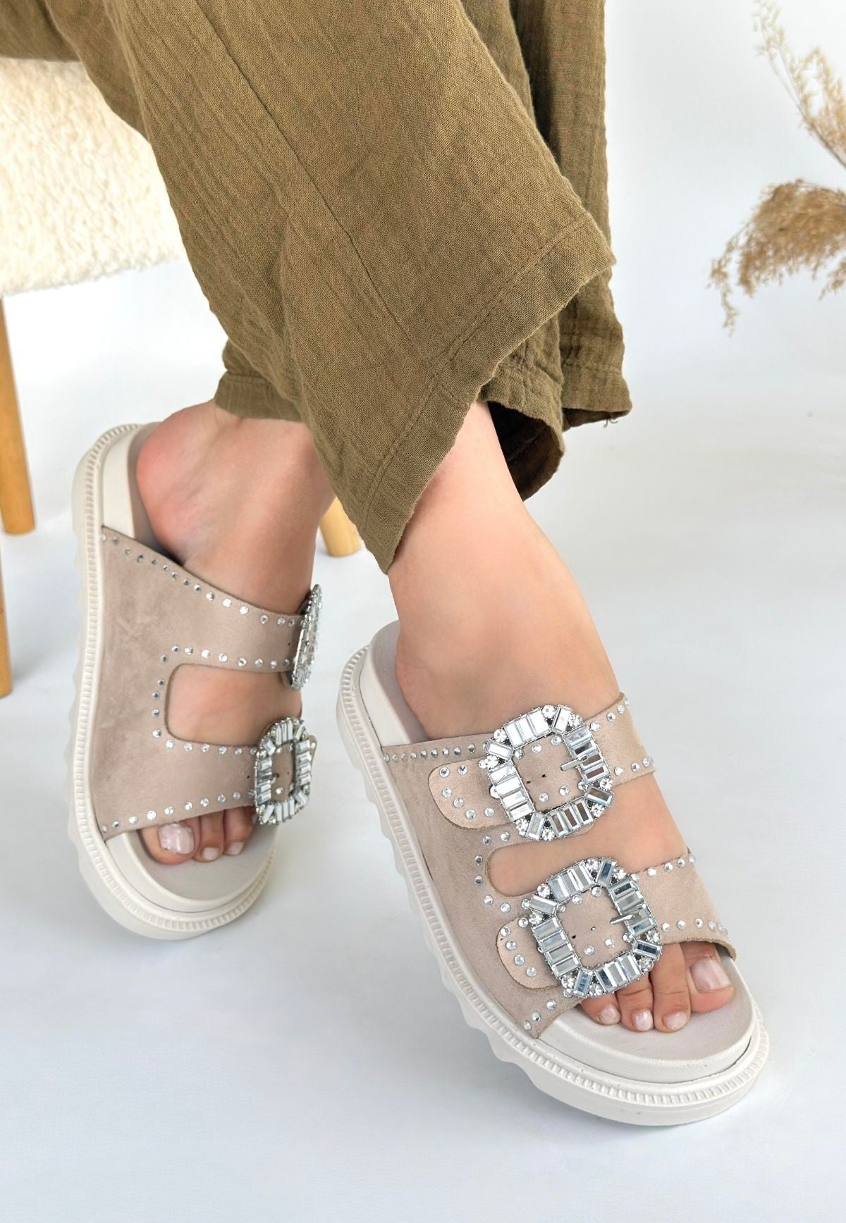 Juana Beige Nubuck Stoned Slippers