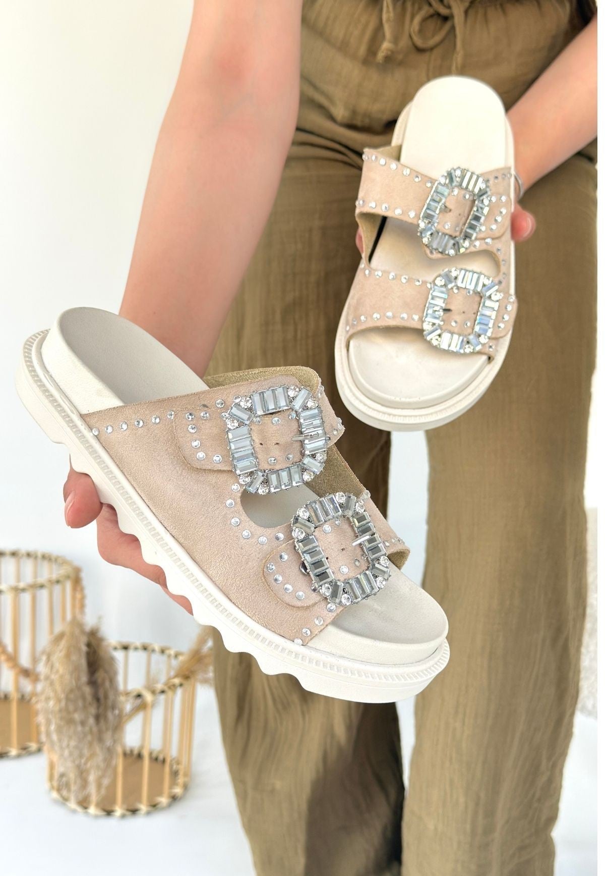 Juana Beige Nubuck Stoned Slippers