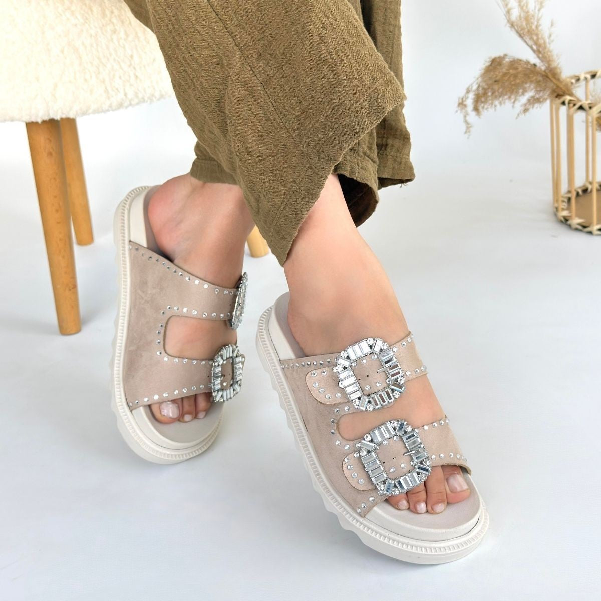 Juana Beige Nubuck Stoned Slippers