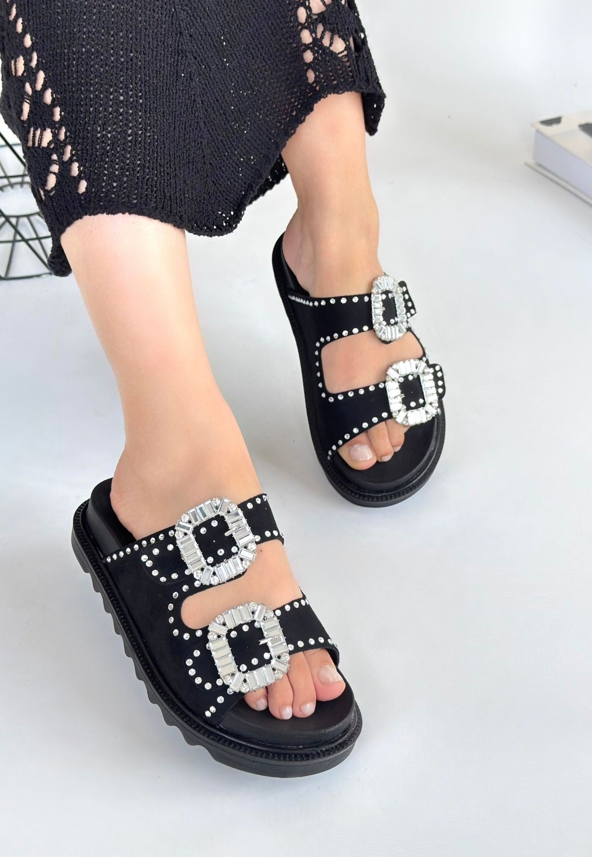 Juana Black Nubuck Stoned Slippers