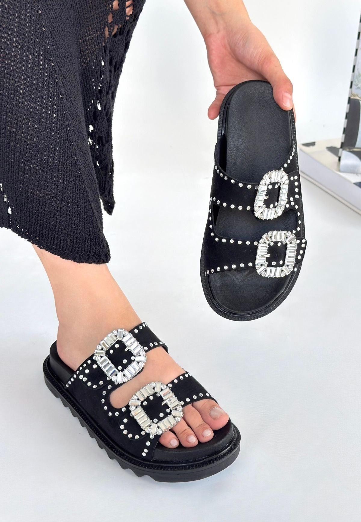 Juana Black Nubuck Stoned Slippers