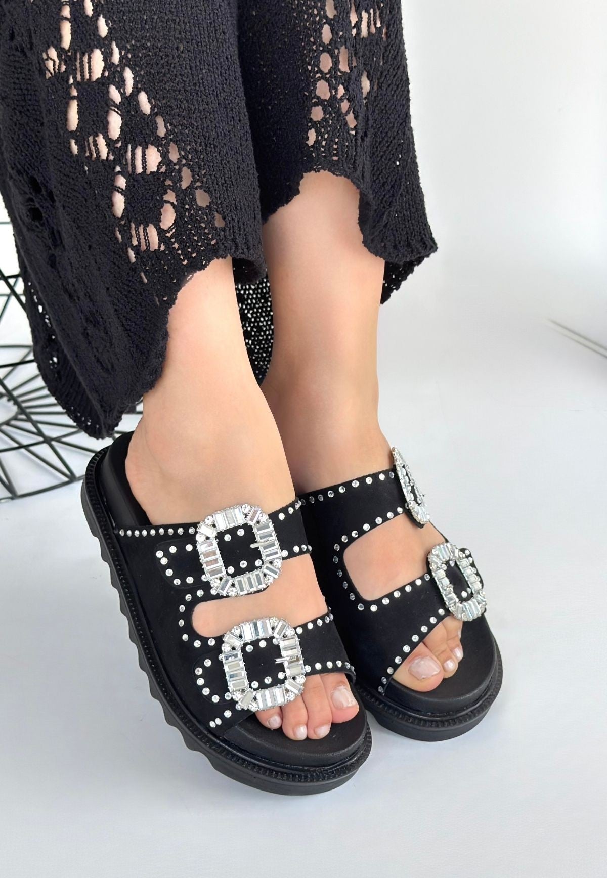 Juana Black Nubuck Stoned Slippers