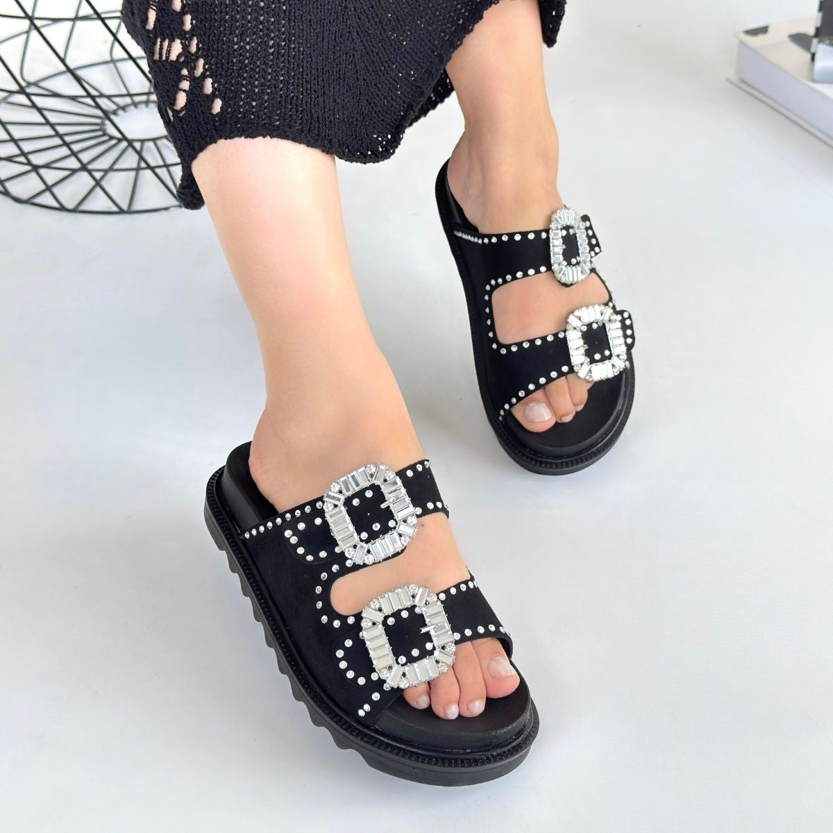 Juana Black Nubuck Stoned Slippers