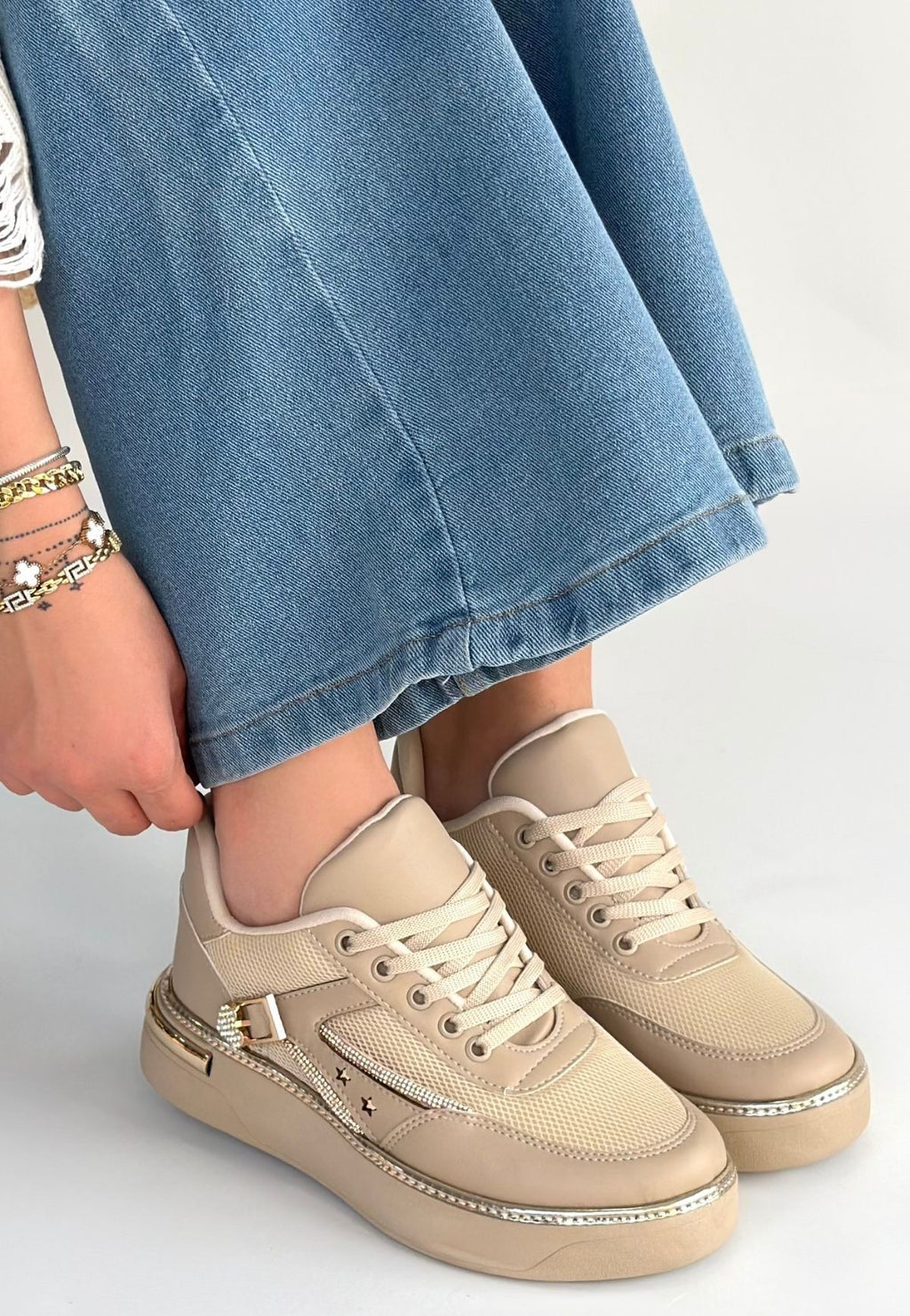 ZRNE-003 Premium Bej Bağcıklı File Detaylı Kadın Sneaker