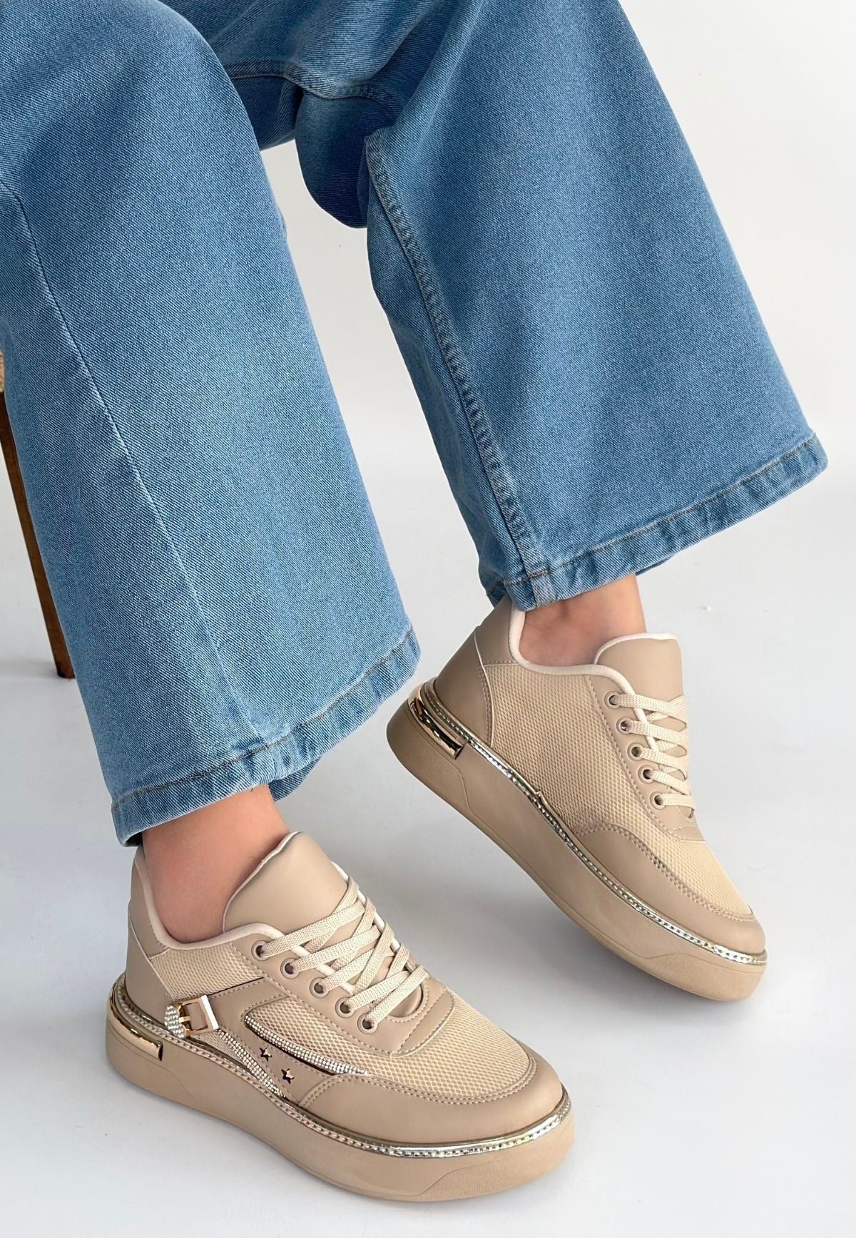 ZRNE-003 Premium Bej Bağcıklı File Detaylı Kadın Sneaker