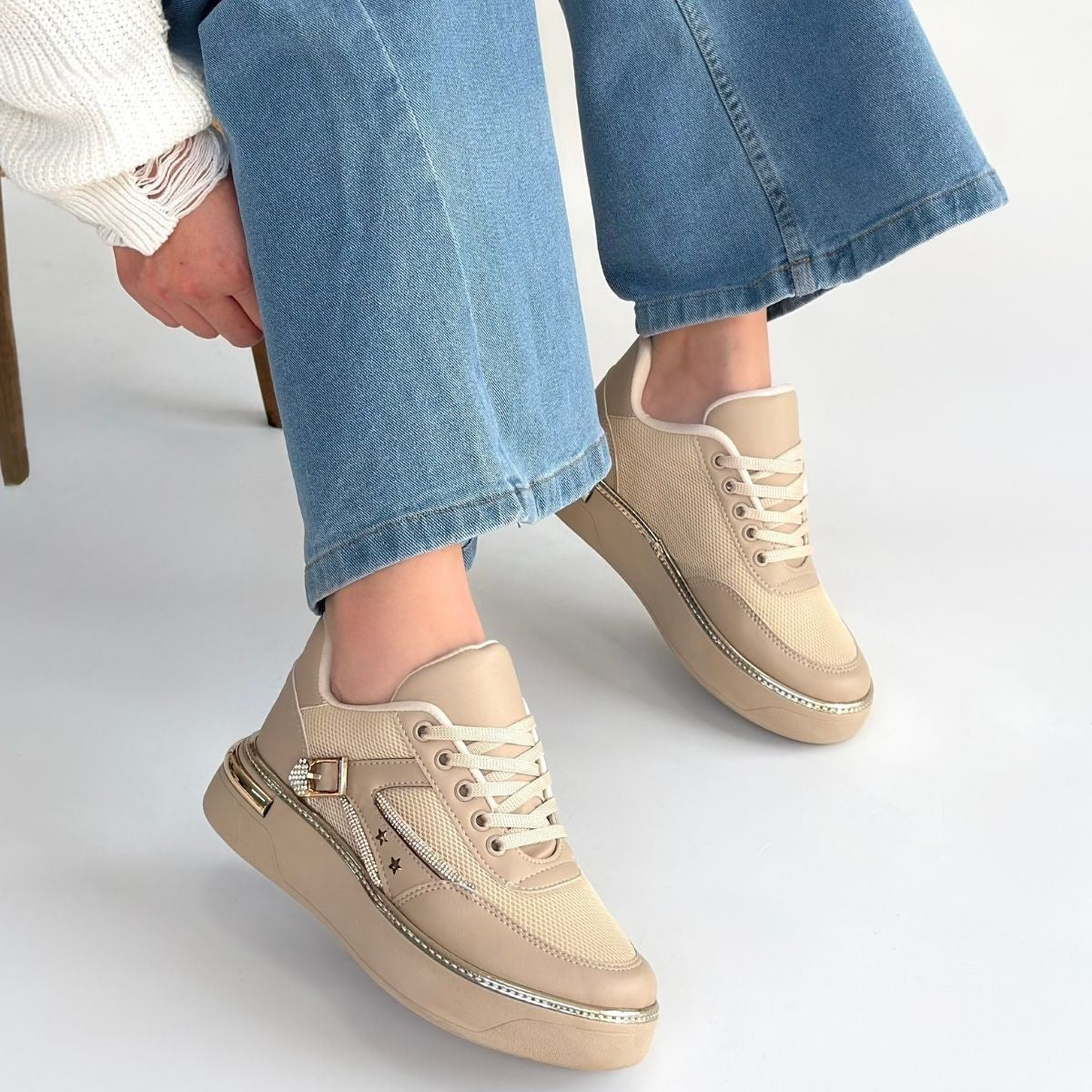 ZRNE-003 Premium Bej Bağcıklı File Detaylı Kadın Sneaker