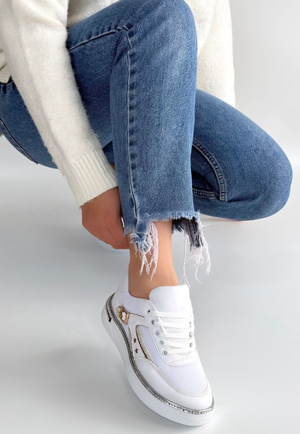 ZRNE-003 Premium Beyaz Bağcıklı File Detaylı Kadın Sneaker