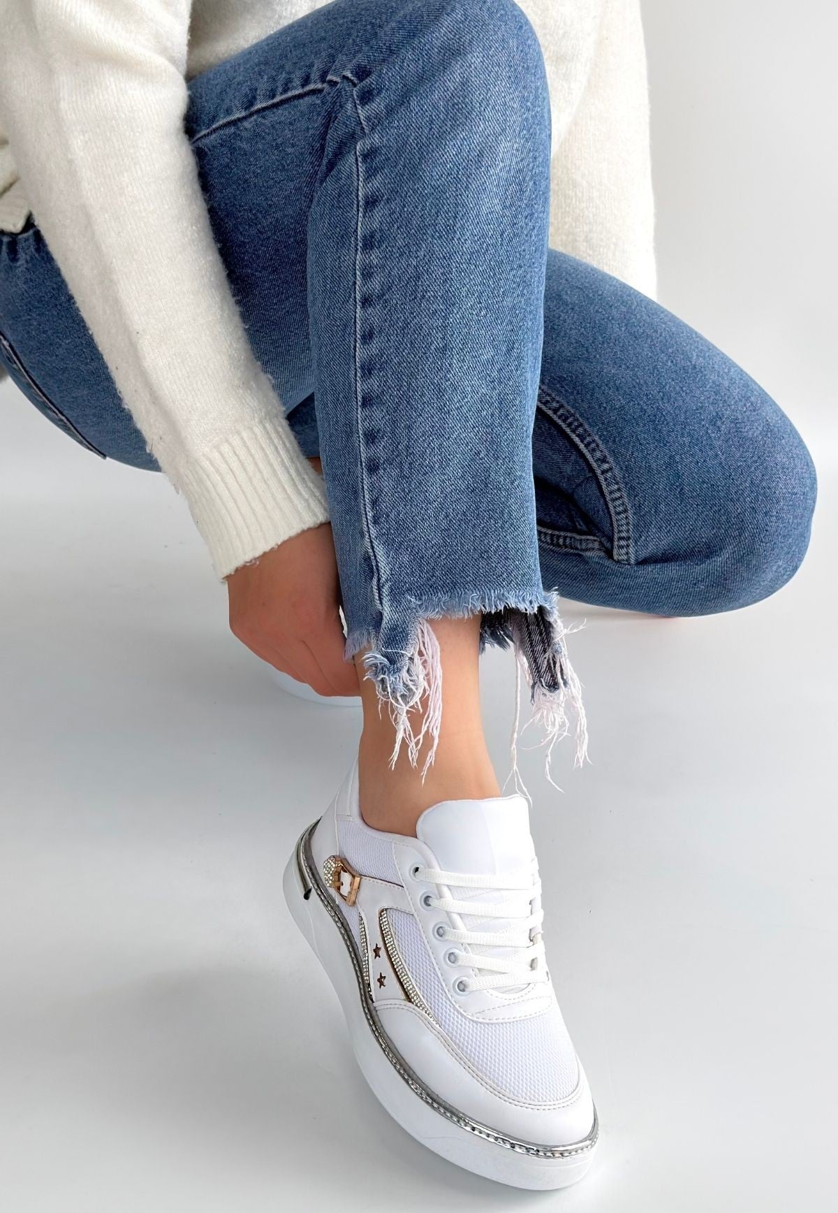 ZRNE-003 Premium Beyaz Bağcıklı File Detaylı Kadın Sneaker