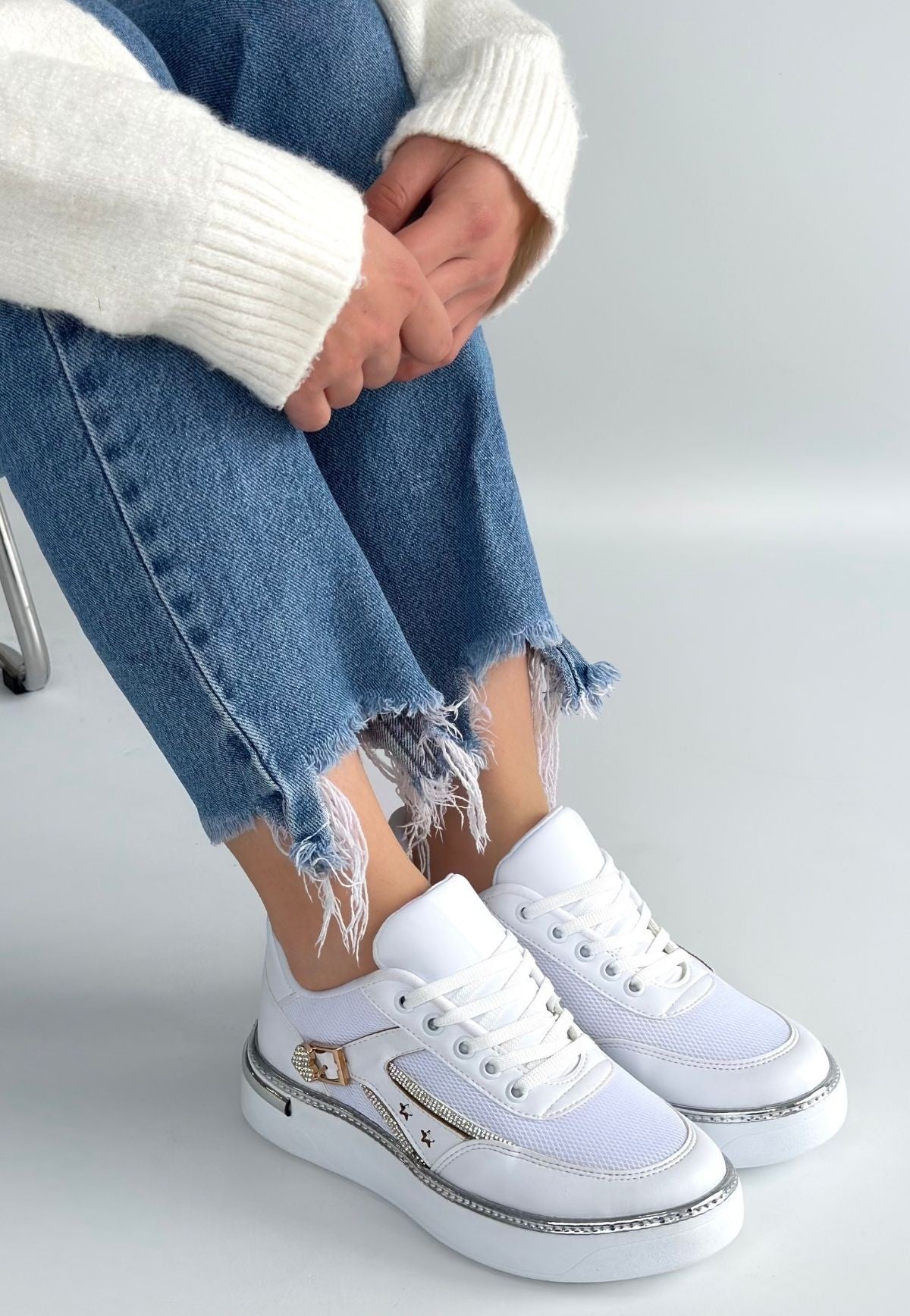 ZRNE-003 Premium Beyaz Bağcıklı File Detaylı Kadın Sneaker