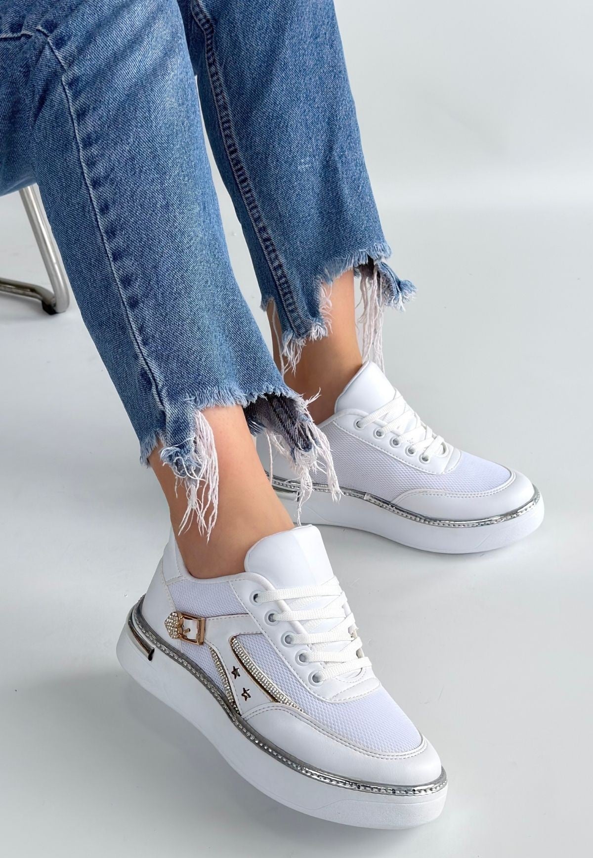 ZRNE-003 Premium Beyaz Bağcıklı File Detaylı Kadın Sneaker