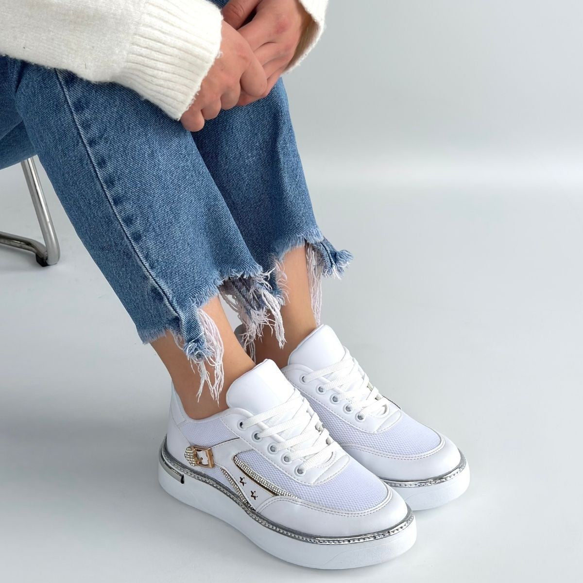 ZRNE-003 Premium Beyaz Bağcıklı File Detaylı Kadın Sneaker