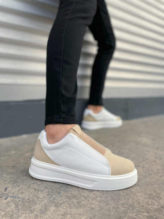 JY007 Alba Lastikli Günlük Erkek Sneaker - Bej Beyaz