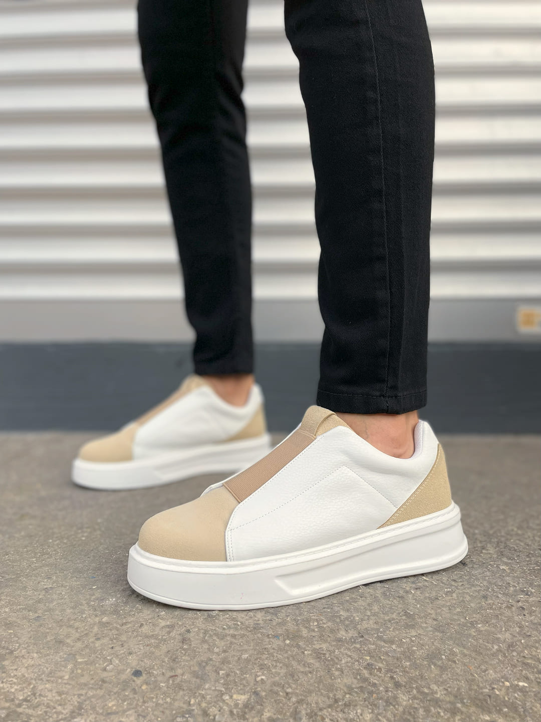 JY007 Alba Lastikli Günlük Erkek Sneaker - Bej Beyaz