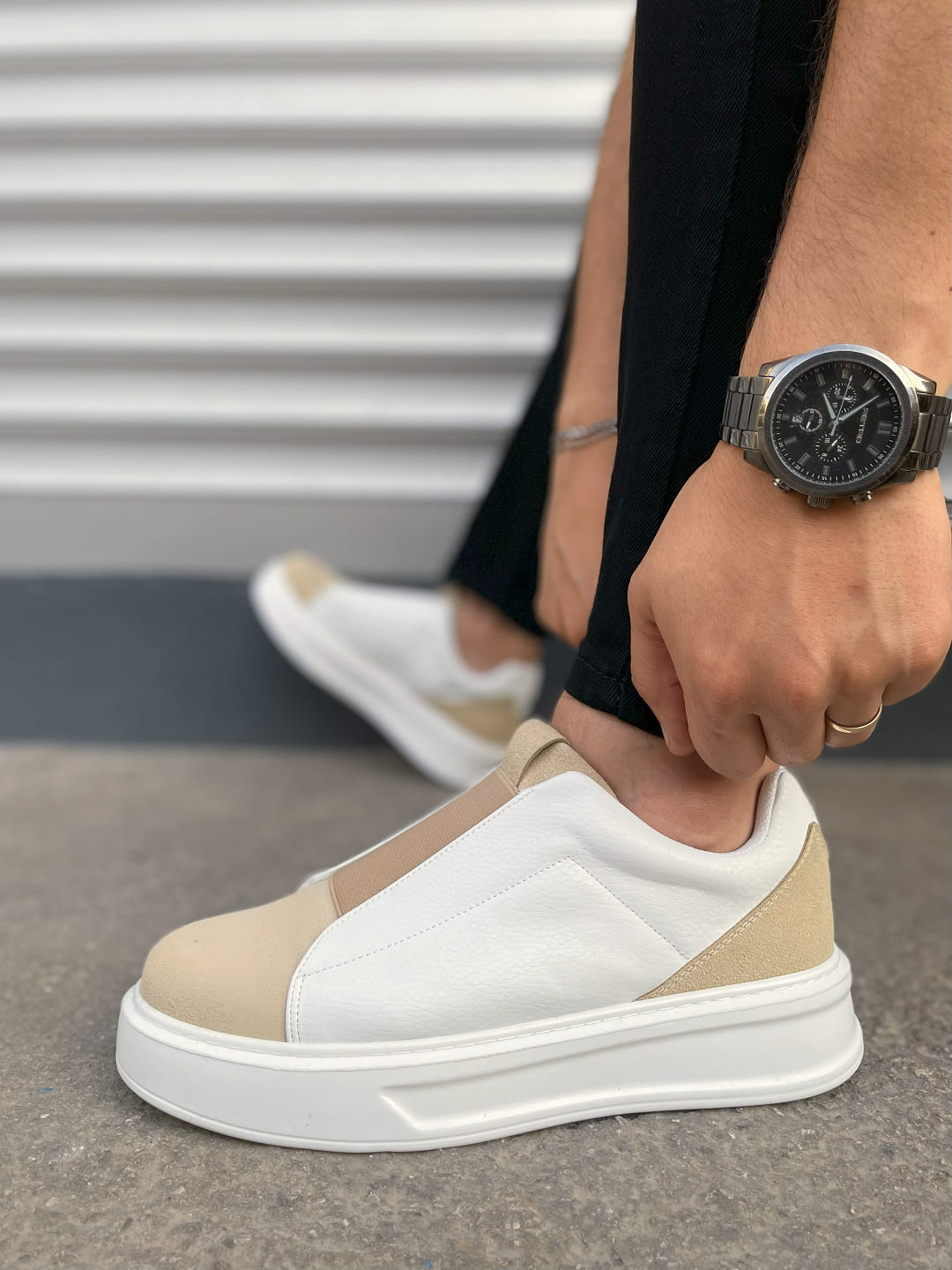 JY007 Alba Lastikli Günlük Erkek Sneaker - Bej Beyaz