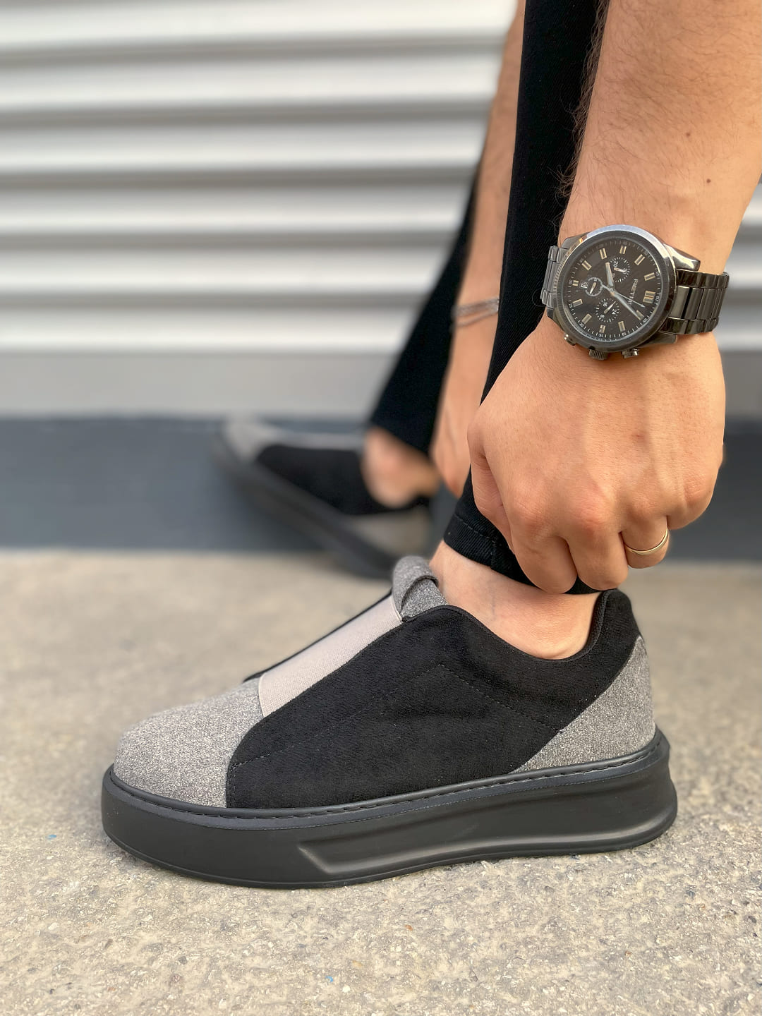 JY007 Alba Lastikli Günlük Erkek Sneaker - Süet Gri Siyah