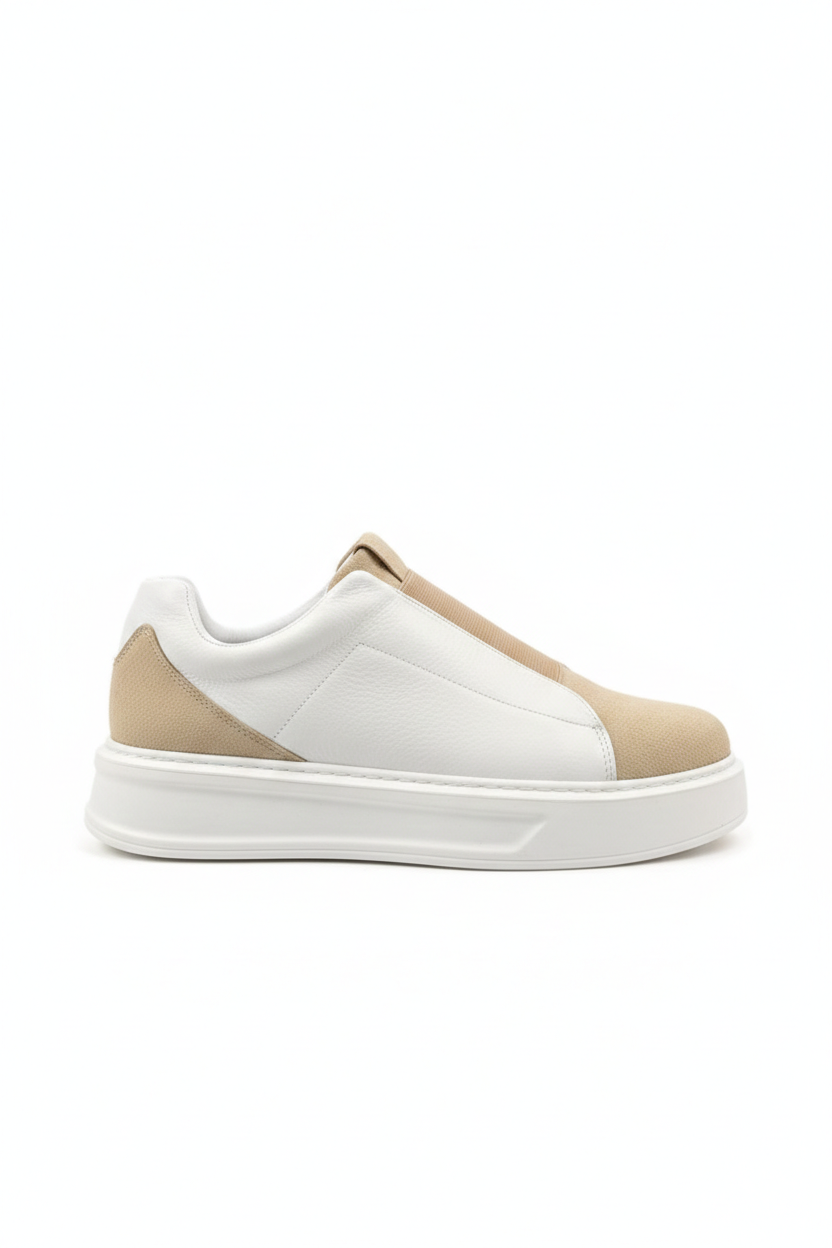 ZRJ007 Alba Lastikli Günlük Erkek Sneaker - Bej Beyaz