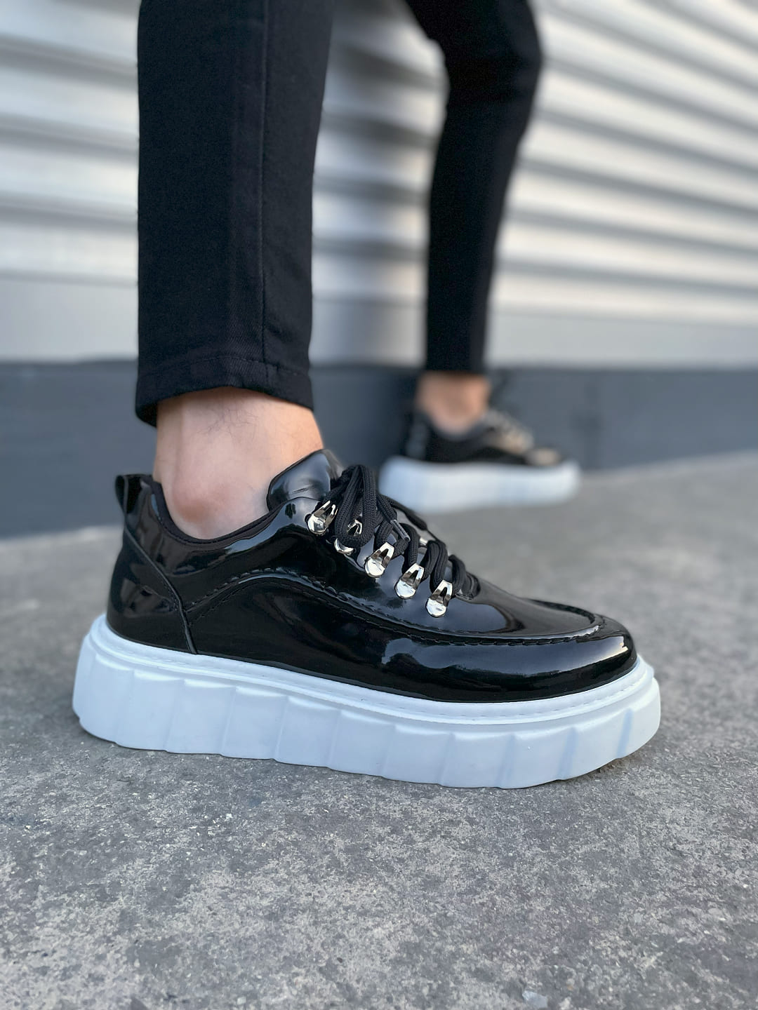 JY010 Premium Cloud Thick Sole Men's Sneaker - Black White Patent Leather