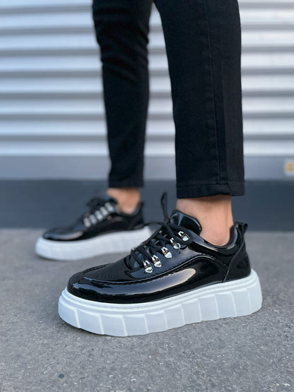 JY010 Premium Cloud Kalın Taban Erkek Sneaker - Siyah Beyaz Rugan