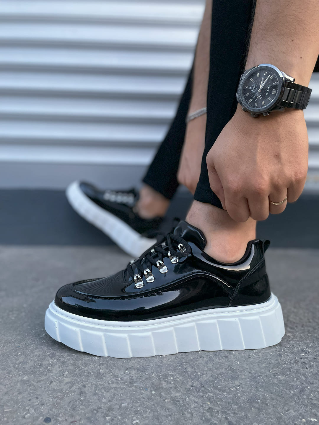 JY010 Premium Cloud Kalın Taban Erkek Sneaker - Siyah Beyaz Rugan