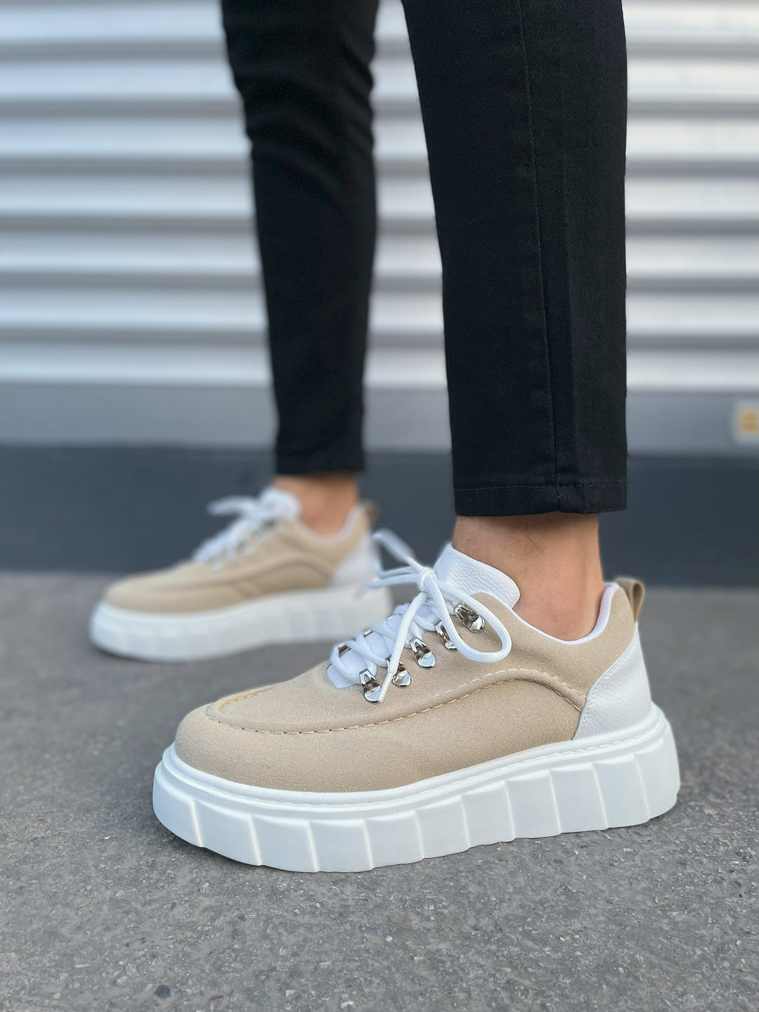 JY010 Premium Cloud Kalın Taban Erkek Sneaker - Krem Süet