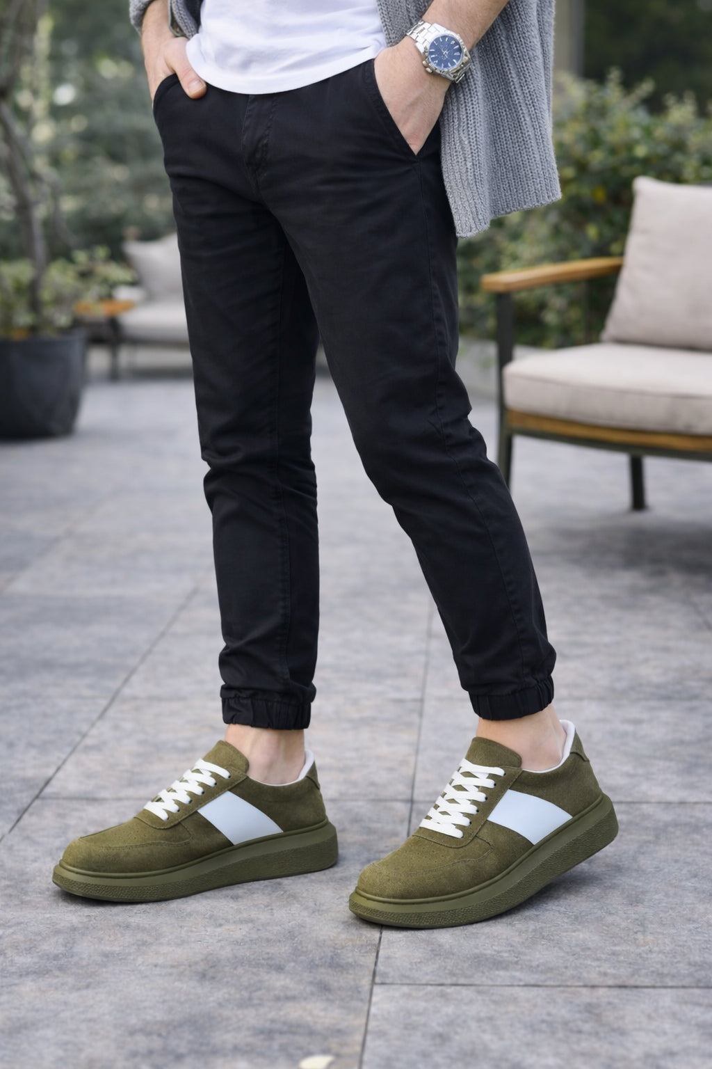 ZRJ011 Günlük Bağcıklı Süet Erkek Sneaker - Haki/Beyaz