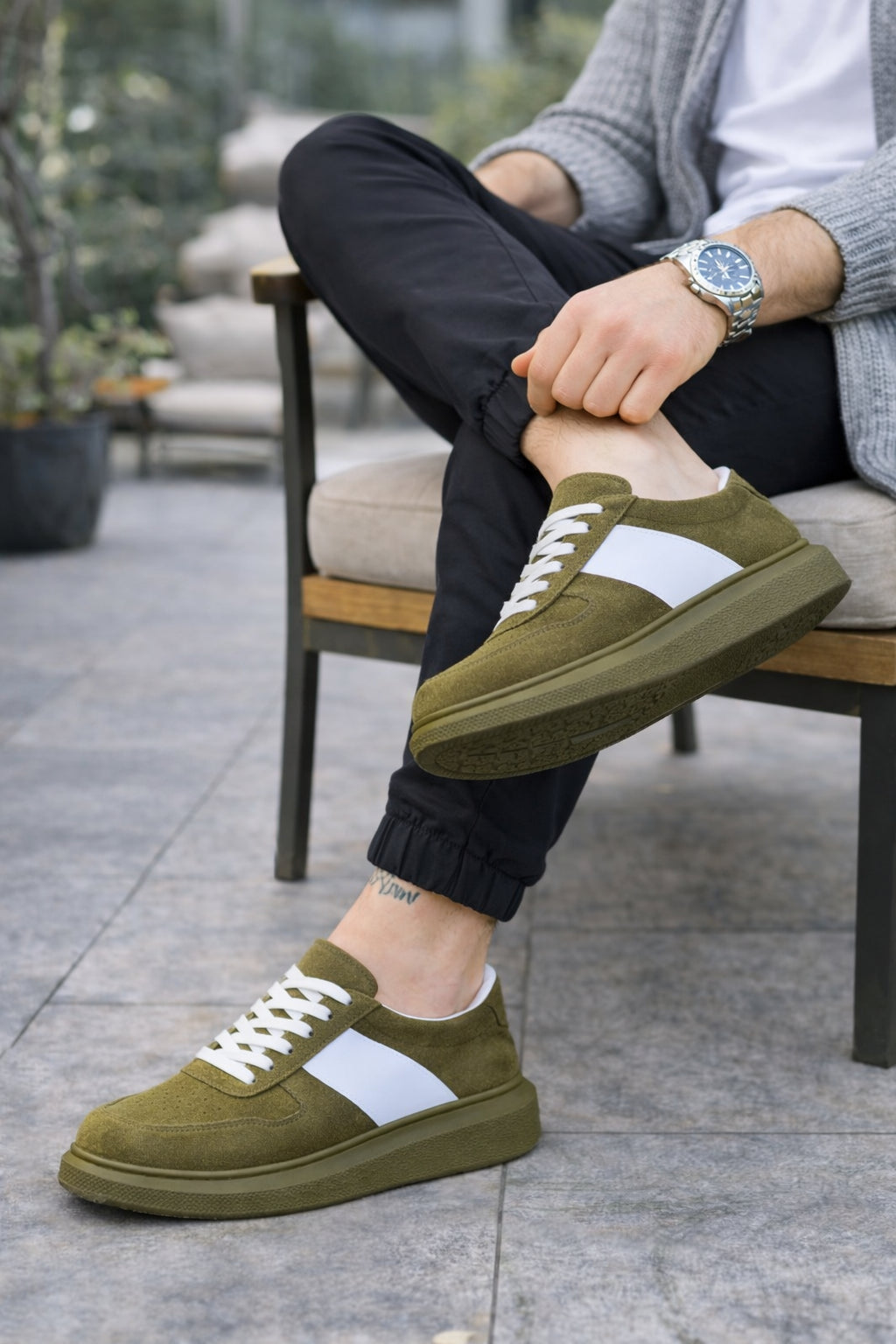 ZRJ011 Günlük Bağcıklı Süet Erkek Sneaker - Haki/Beyaz