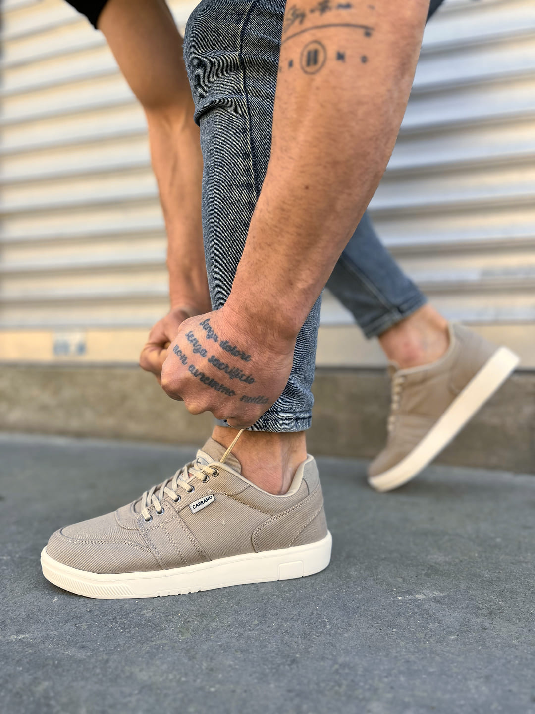 REX Bağcıklı Keten Kumaş Erkek Günlük Sneaker Ayakkabı - Bej