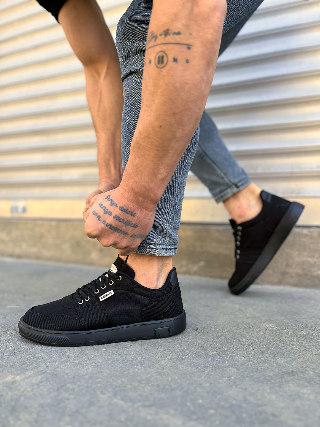 REX Bağcıklı Keten Kumaş Erkek Günlük Sneaker Ayakkabı - Siyah