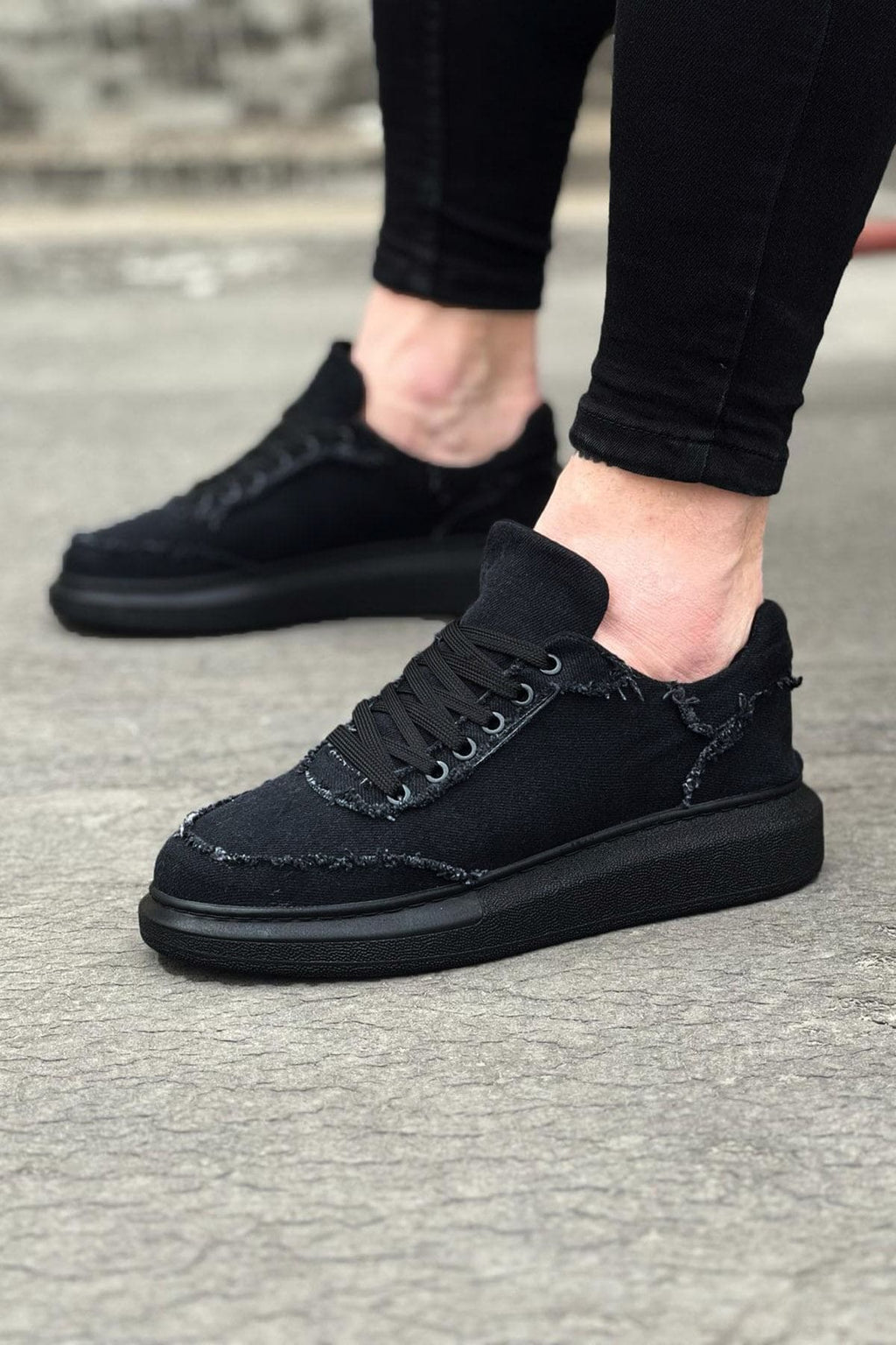 ZRJ018 Erkek Günlük Bağcıklı Kot Kumaş Spor Sneaker - Siyah