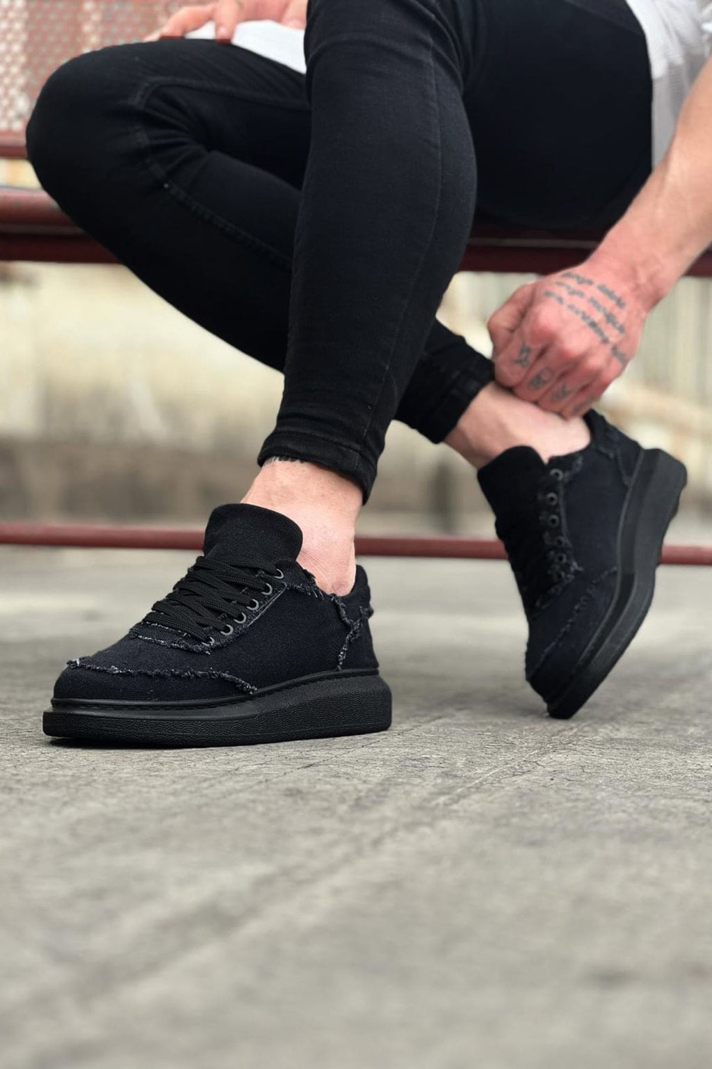ZRJ018 Erkek Günlük Bağcıklı Kot Kumaş Spor Sneaker - Siyah