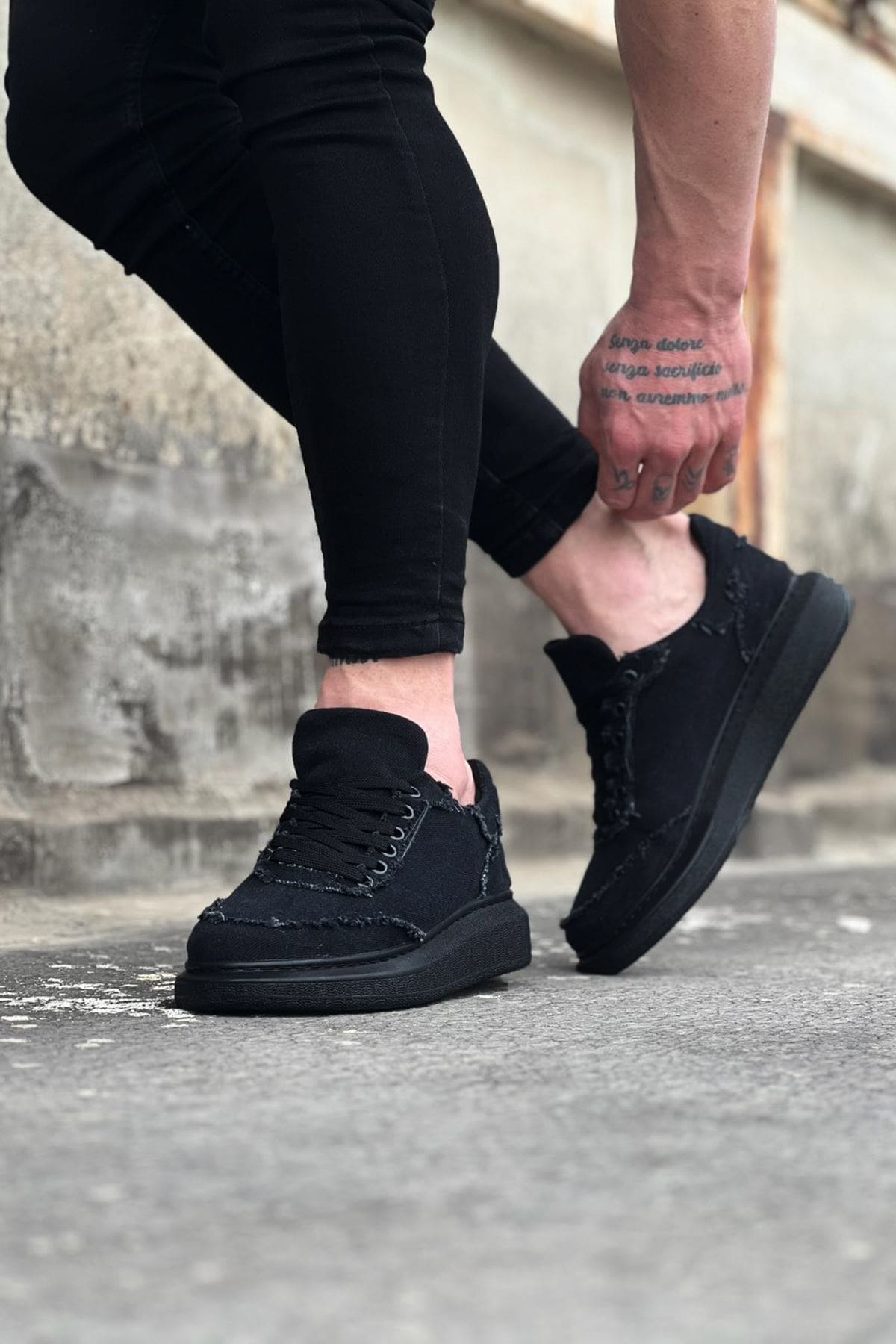 ZRJ018 Erkek Günlük Bağcıklı Kot Kumaş Spor Sneaker - Siyah