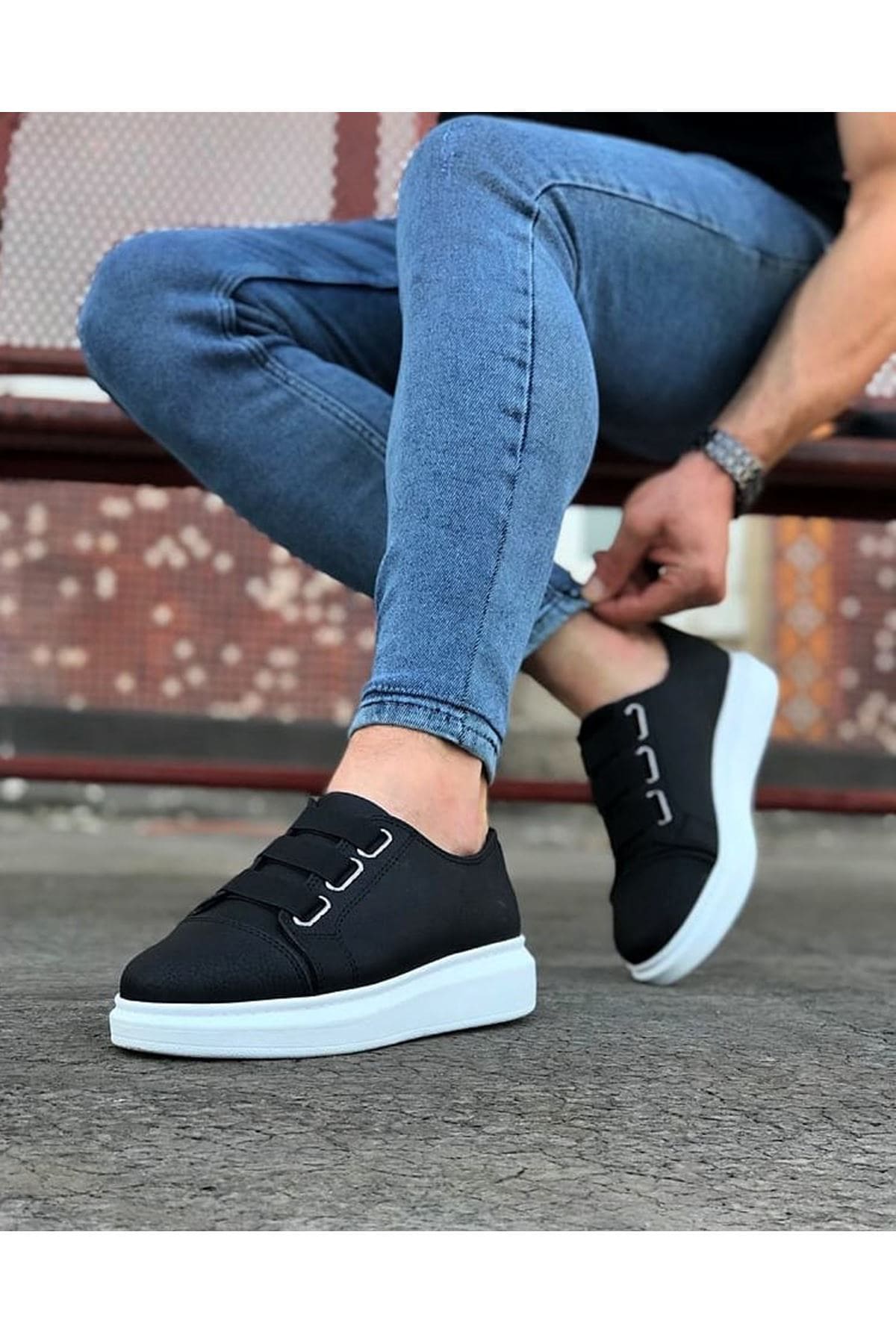 ZRJ026 Premium Erkek Günlük Lastikli Sneaker - Siyah Beyaz