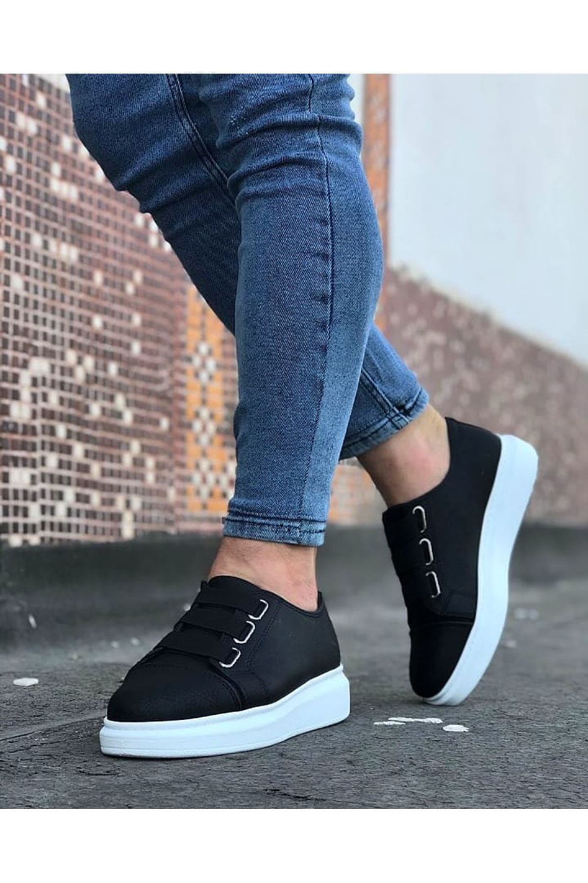 ZRJ026 Premium Erkek Günlük Lastikli Sneaker - Siyah Beyaz