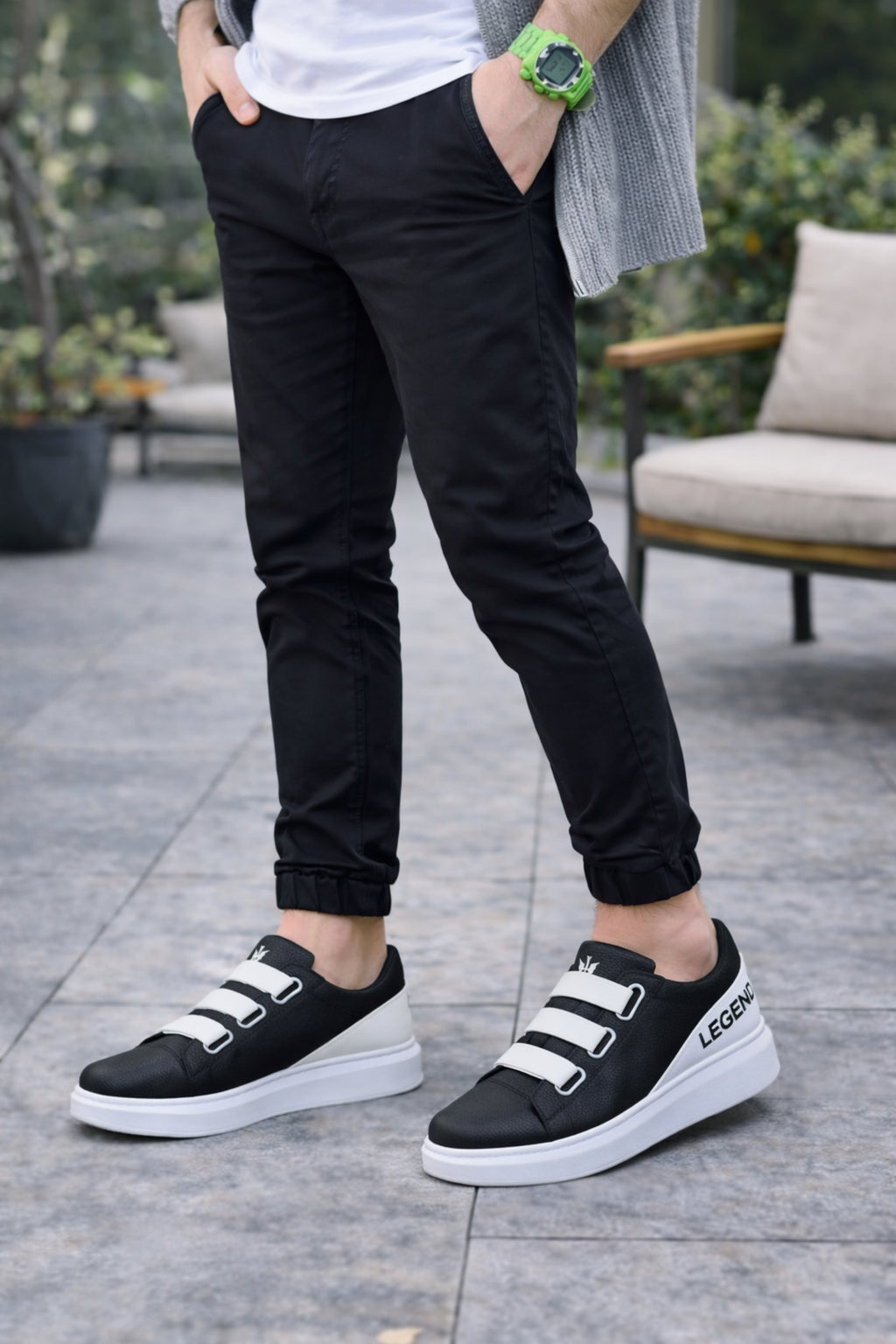 ZRJ029 Bağcıksız 3 Bantlı Lastikli Legend Erkek Günlük Sneaker - Siyah/Beyaz