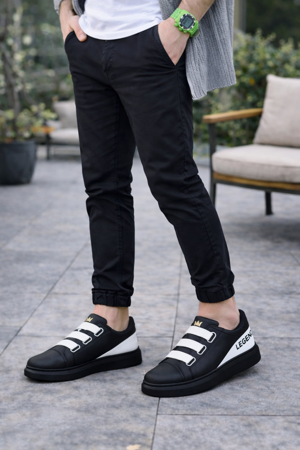 ZRJ029 Bağcıksız 3 Bantlı Lastikli Legend Erkek Günlük Sneaker - Siyah/Beyaz