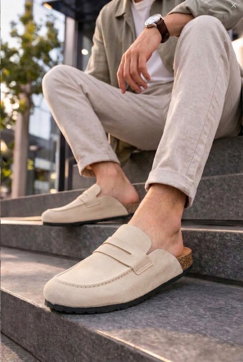 ZRJ0456 Bağcıksız Hakiki Süet Deri Erkek Günlük Mantar Taban Loafer Klasik Ayakkabı Terlik - Krem