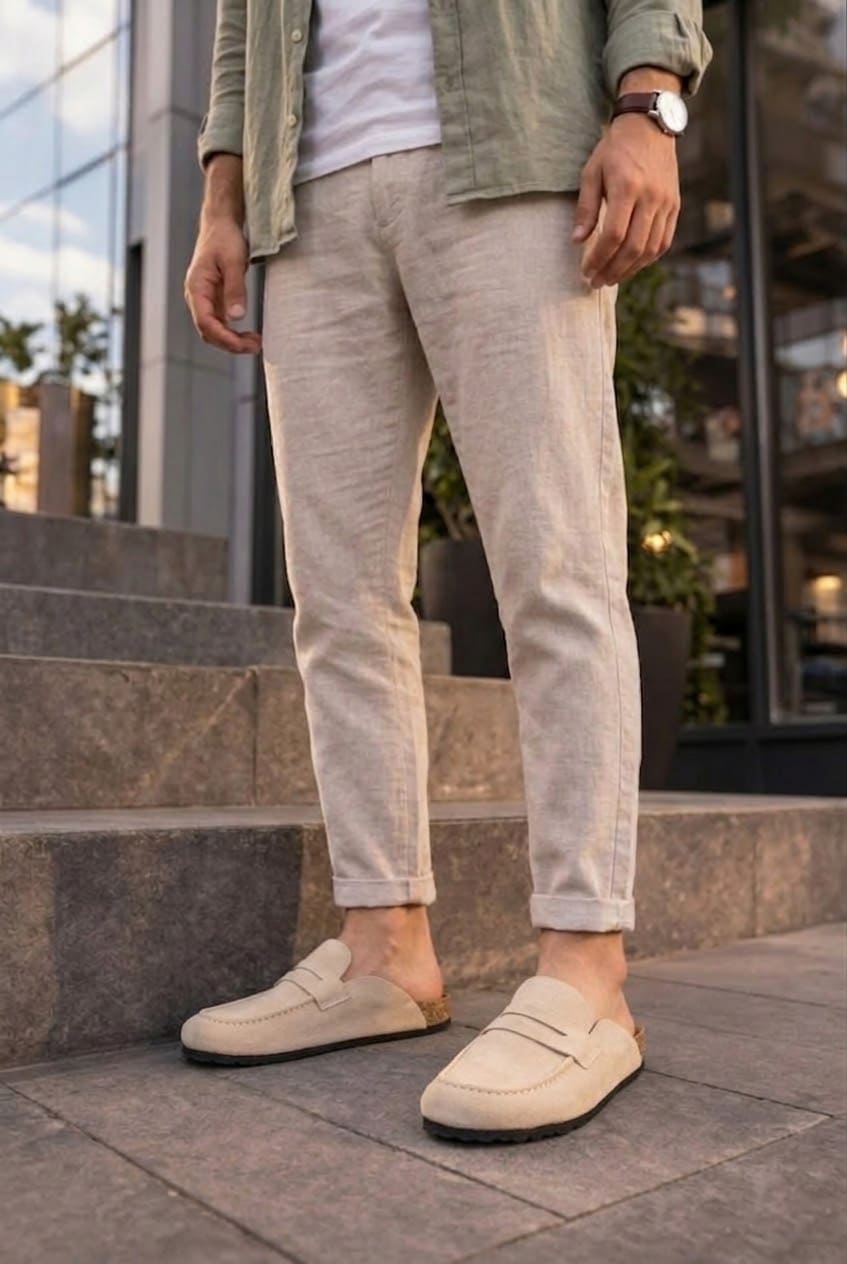 ZRJ0456 Bağcıksız Hakiki Süet Deri Erkek Günlük Mantar Taban Loafer Klasik Ayakkabı Terlik - Krem