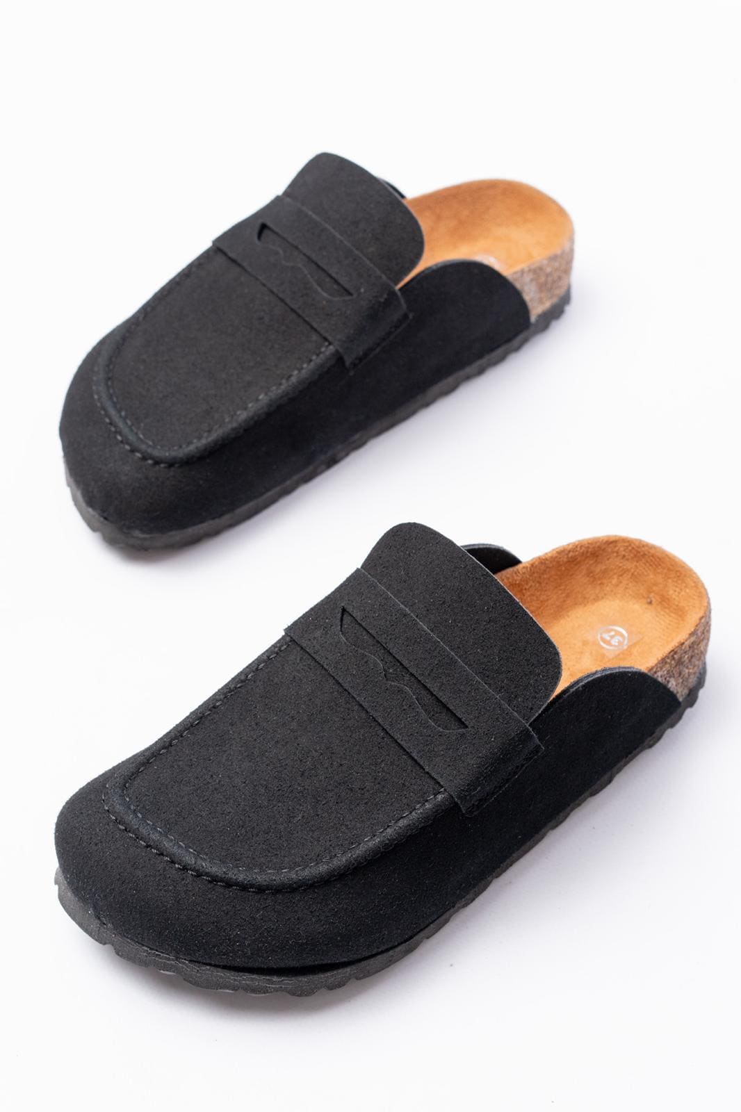 ZRJ0456 Bağcıksız Hakiki Süet Deri Erkek Günlük Mantar Taban Loafer Klasik Ayakkabı Terlik - Siyah