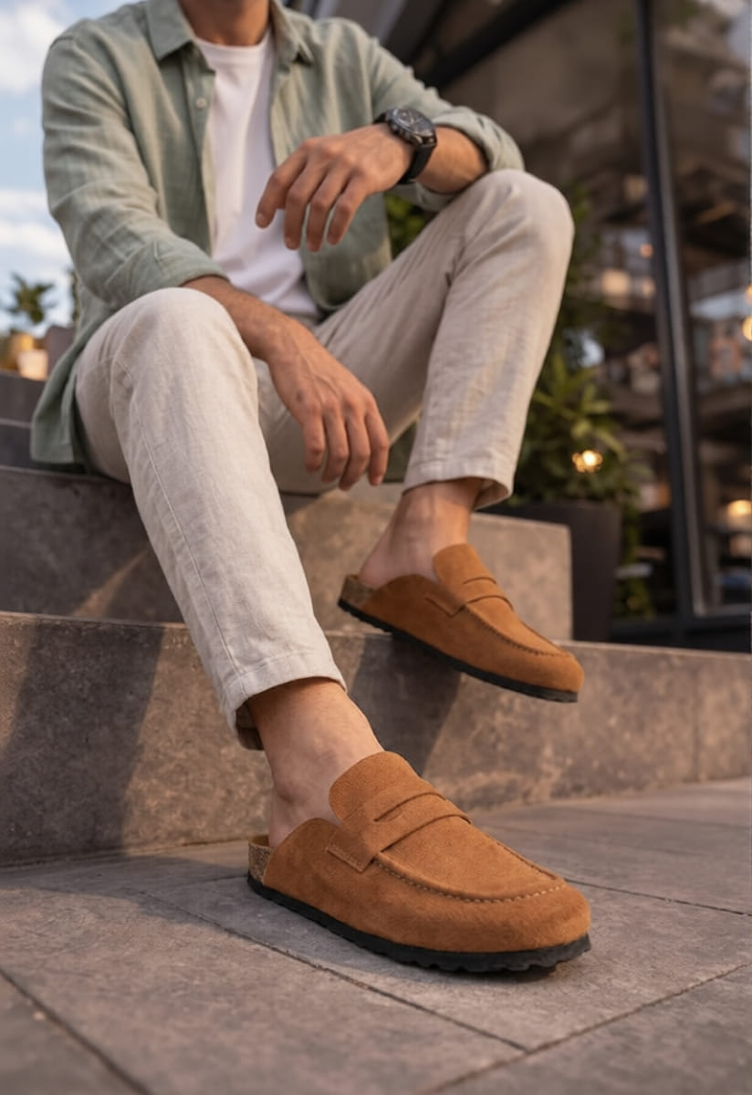 ZRJ0456 Bağcıksız Hakiki Süet Deri Erkek Günlük Mantar Taban Loafer Klasik Ayakkabı Terlik - Taba