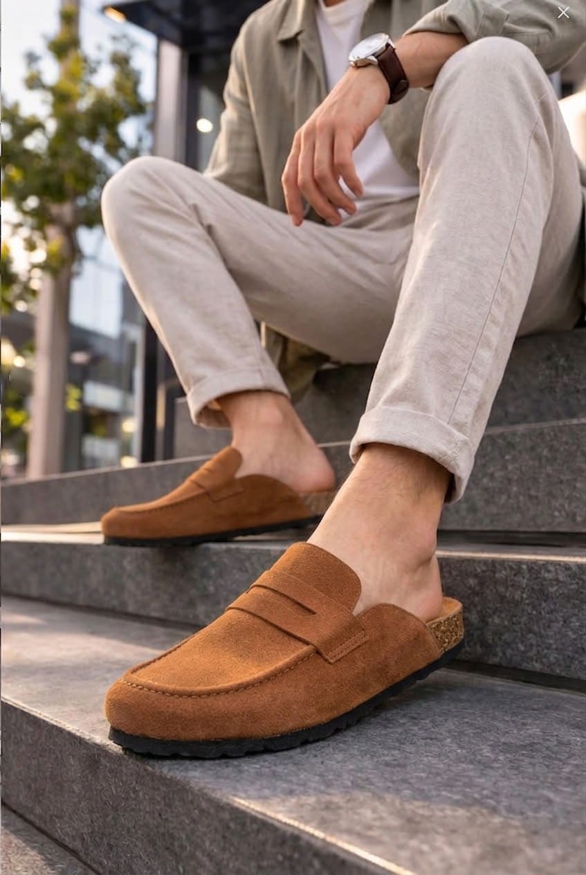 ZRJ0456 Bağcıksız Hakiki Süet Deri Erkek Günlük Mantar Taban Loafer Klasik Ayakkabı Terlik - Taba