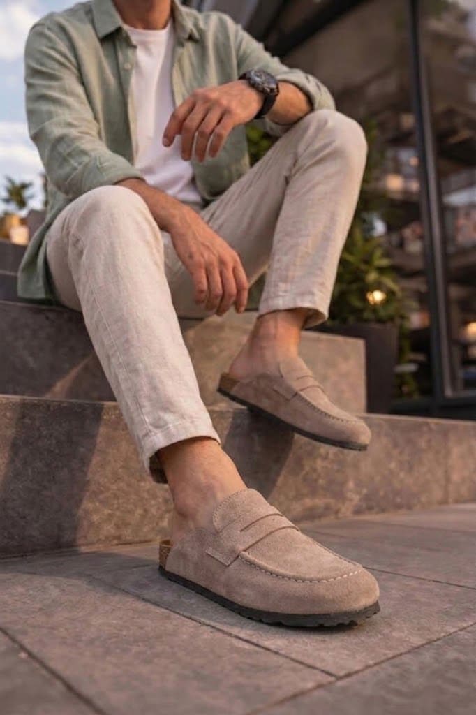 ZRJ0456 Bağcıksız Hakiki Süet Deri Erkek Günlük Mantar Taban Loafer Klasik Ayakkabı Terlik - Bej