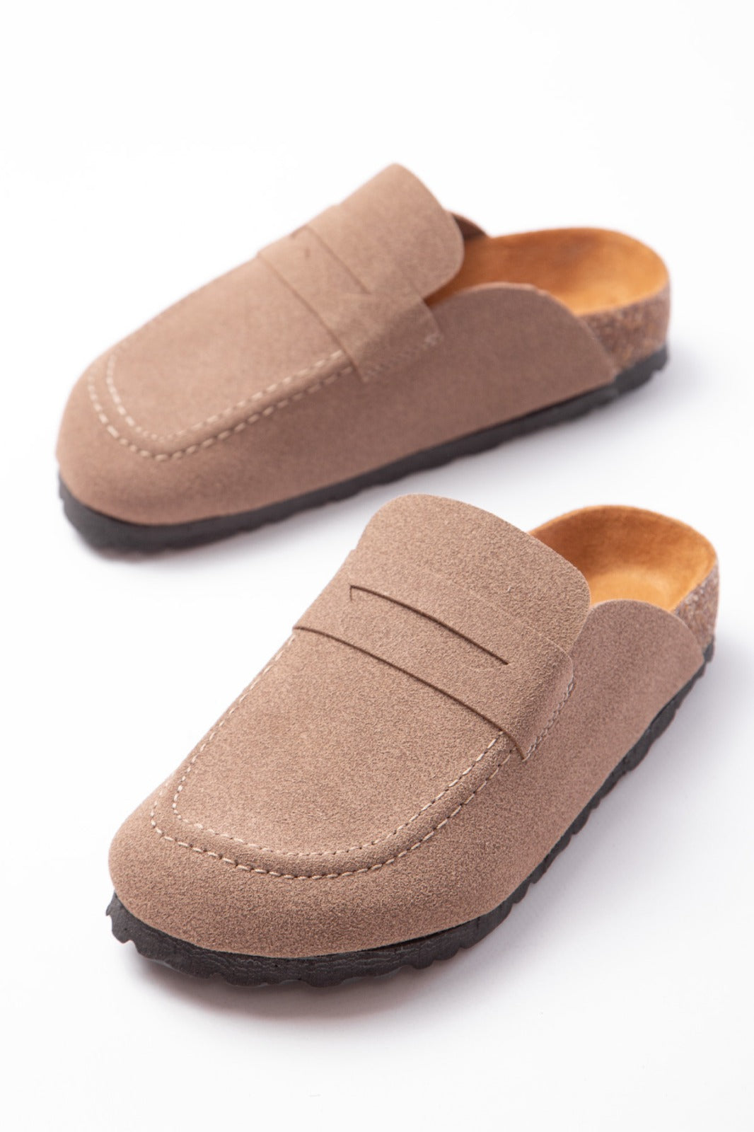 ZRJ0456 Bağcıksız Hakiki Süet Deri Erkek Günlük Mantar Taban Loafer Klasik Ayakkabı Terlik - Bej