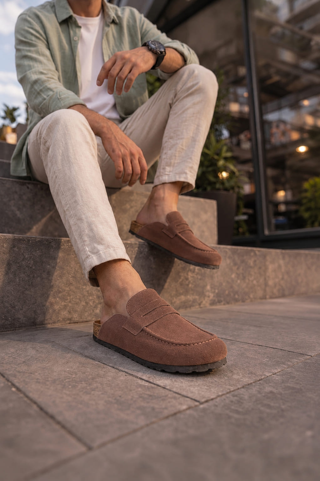 ZRJ0456 Bağcıksız Hakiki Süet Deri Erkek Günlük Mantar Taban Loafer Klasik Ayakkabı Terlik - Kahve