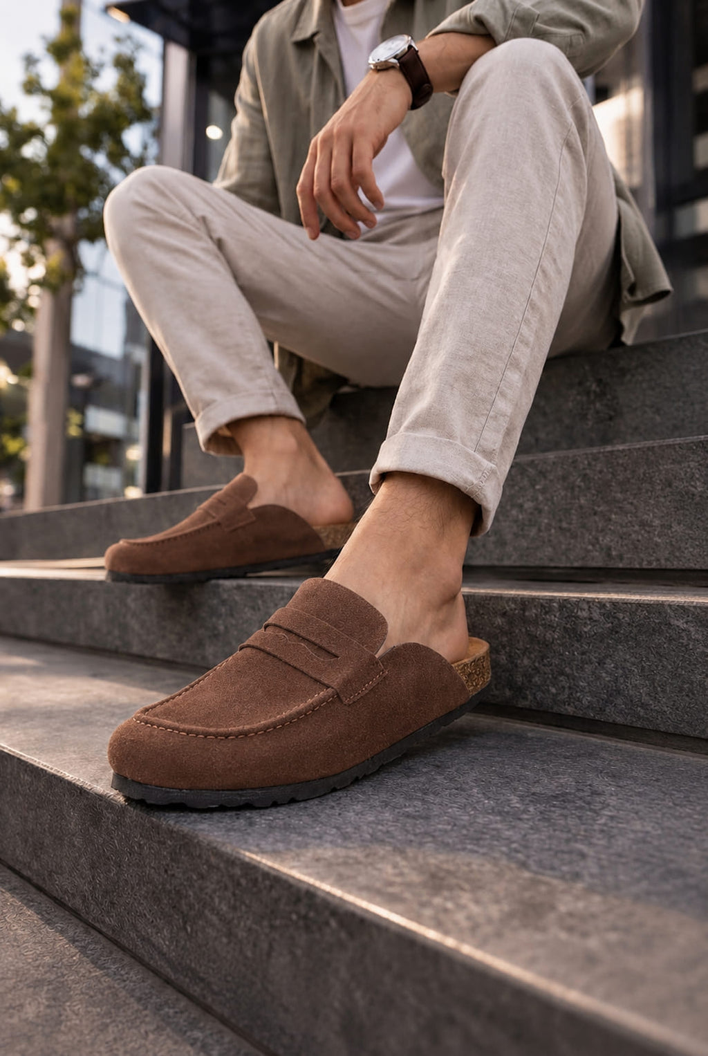 ZRJ0456 Bağcıksız Hakiki Süet Deri Erkek Günlük Mantar Taban Loafer Klasik Ayakkabı Terlik - Kahve