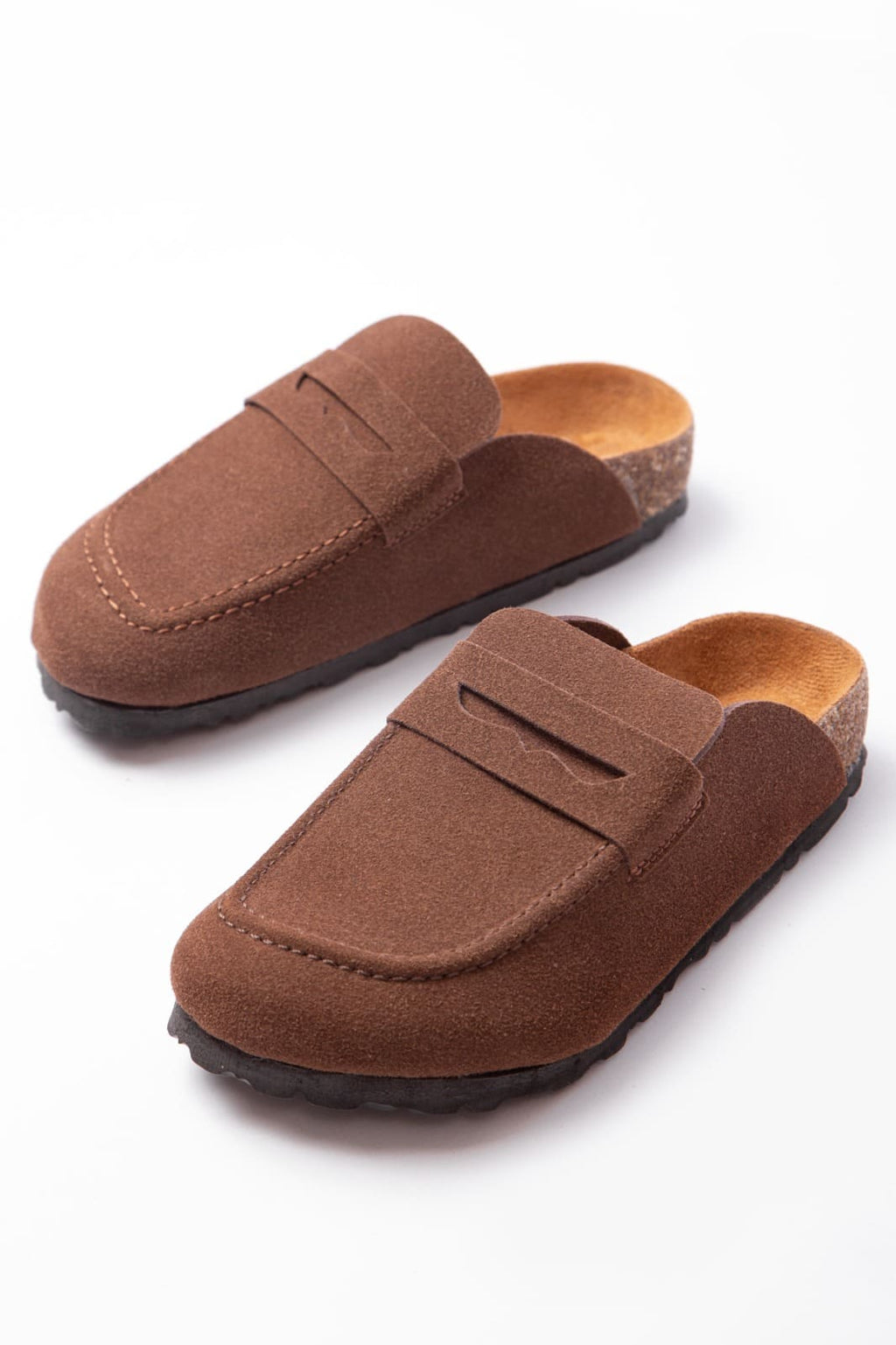 ZRJ0456 Bağcıksız Hakiki Süet Deri Erkek Günlük Mantar Taban Loafer Klasik Ayakkabı Terlik - Kahve