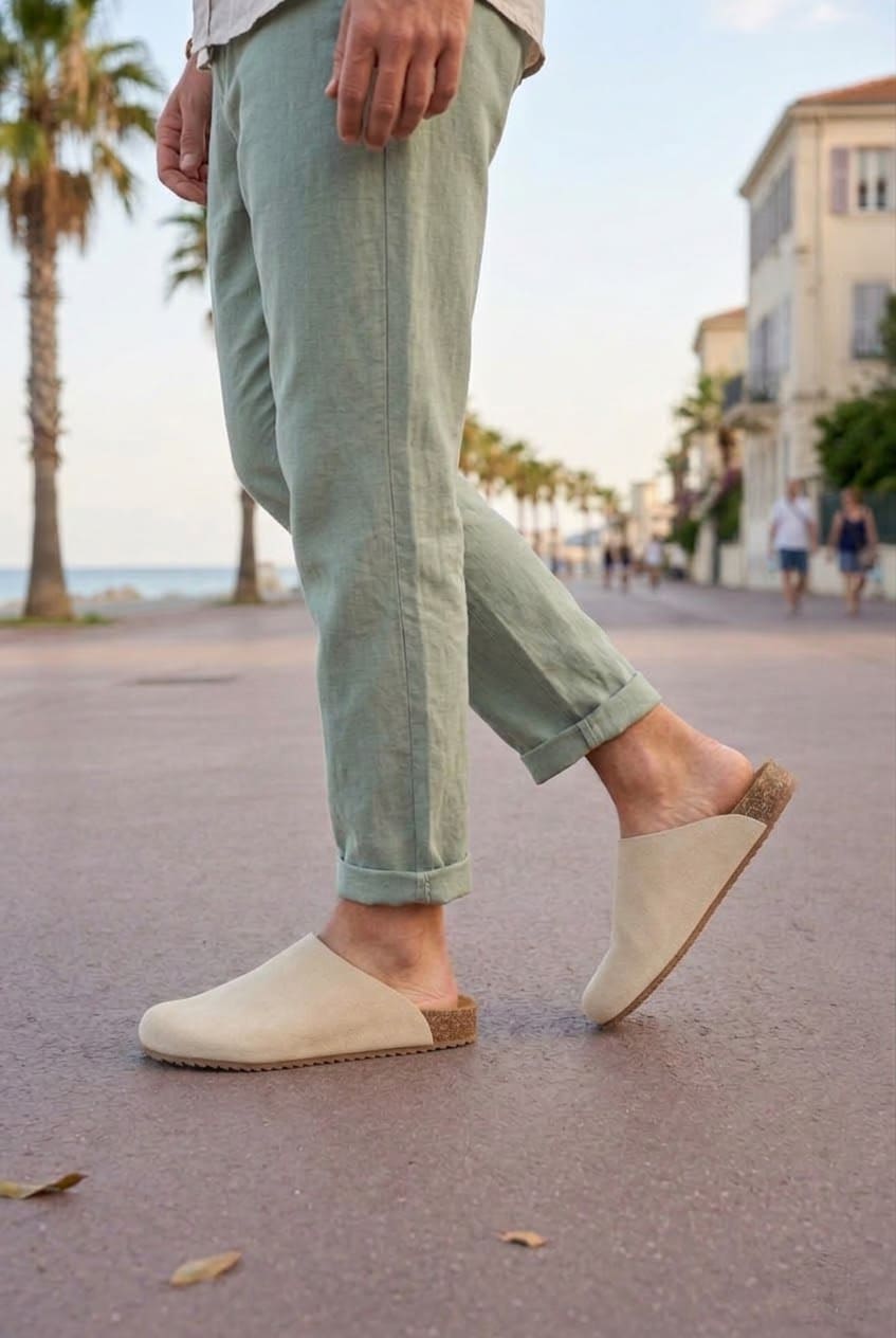 ZRJ0556 Bağcıksız Hakiki Süet Deri Erkek Günlük Mantar Taban Loafer Terlik Ayakkabı - Krem