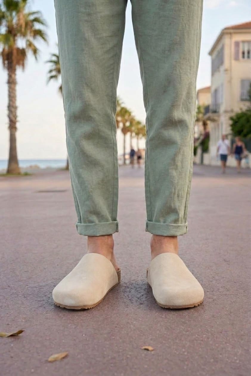ZRJ0556 Bağcıksız Hakiki Süet Deri Erkek Günlük Mantar Taban Loafer Terlik Ayakkabı - Krem