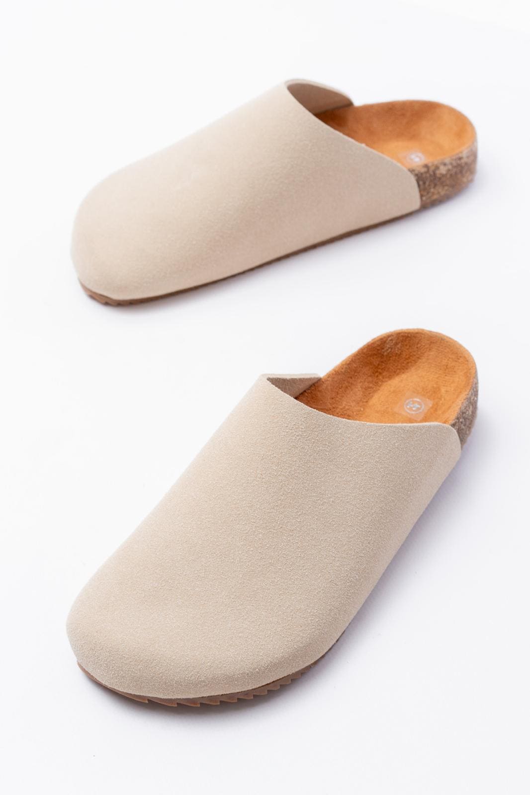 ZRJ0556 Bağcıksız Hakiki Süet Deri Erkek Günlük Mantar Taban Loafer Terlik Ayakkabı - Krem
