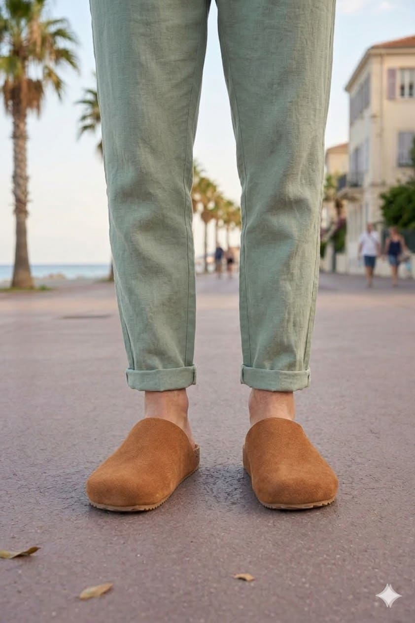 ZRJ0556 Bağcıksız Hakiki Süet Deri Erkek Günlük Mantar Taban Loafer Terlik Ayakkabı - Taba